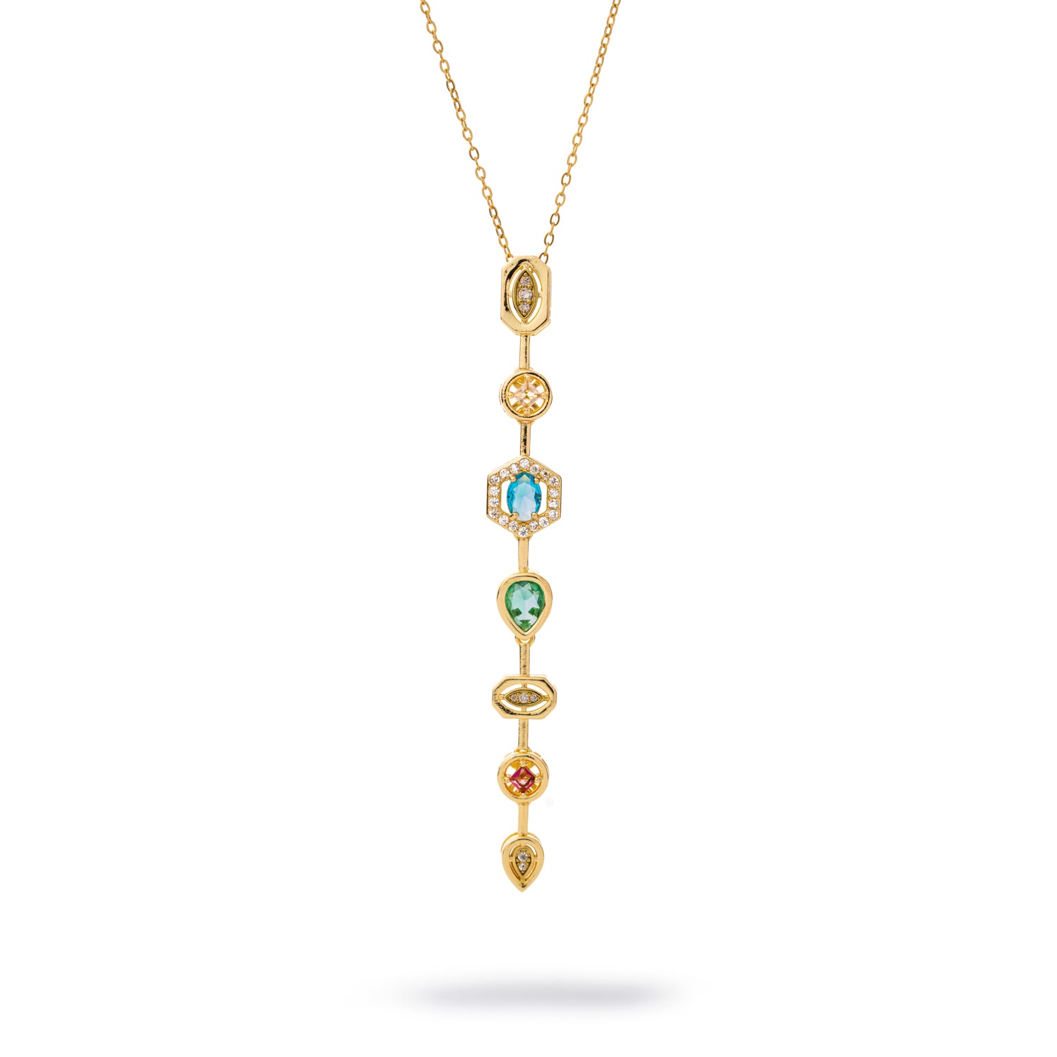 Vivid Veil gold Y-drop statement necklace with cascading multicolor gemstones and CZ accents on an 18k gold-plated stainless steel chain.
