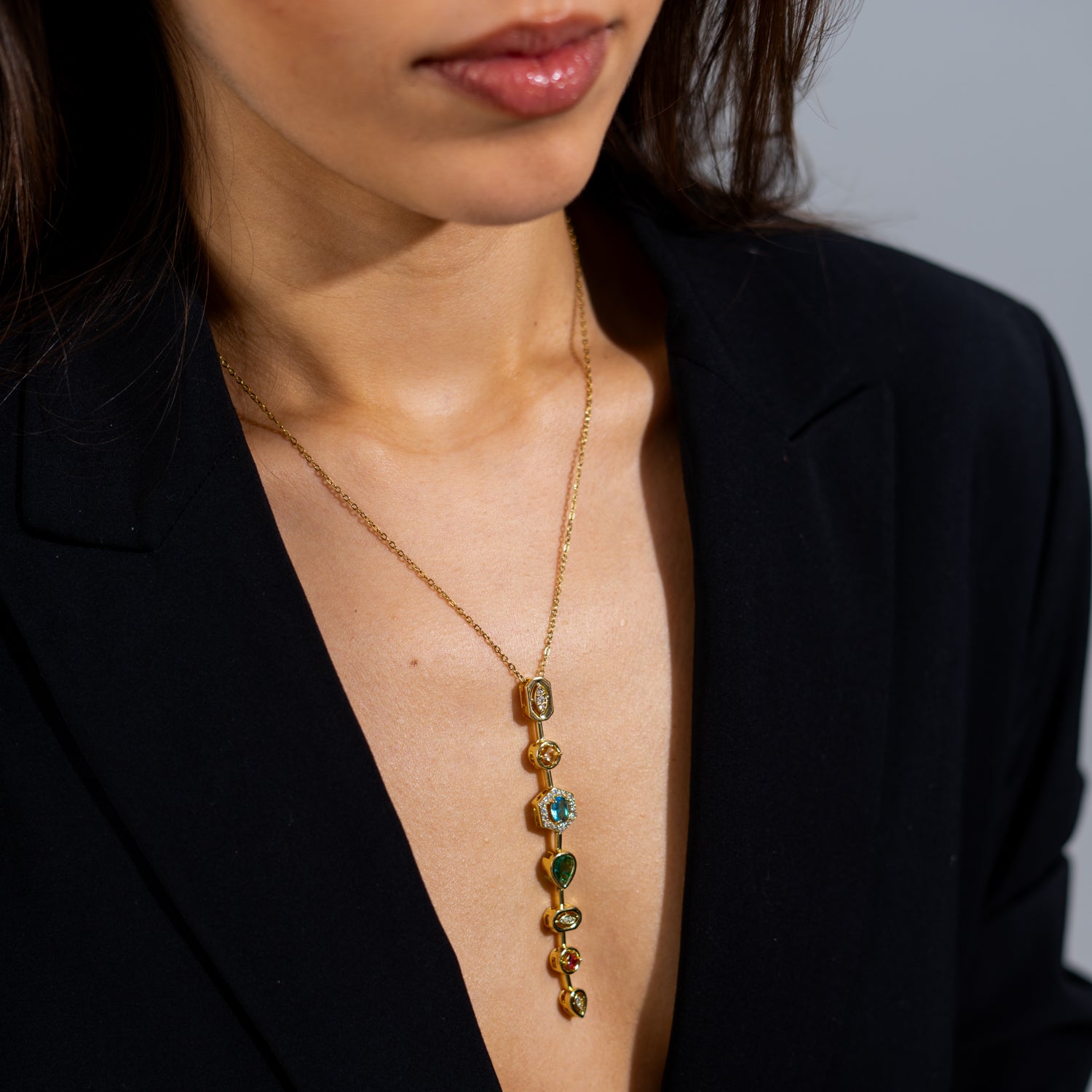 Vivid Veil Multi-Gem Y Drop Statement Necklace