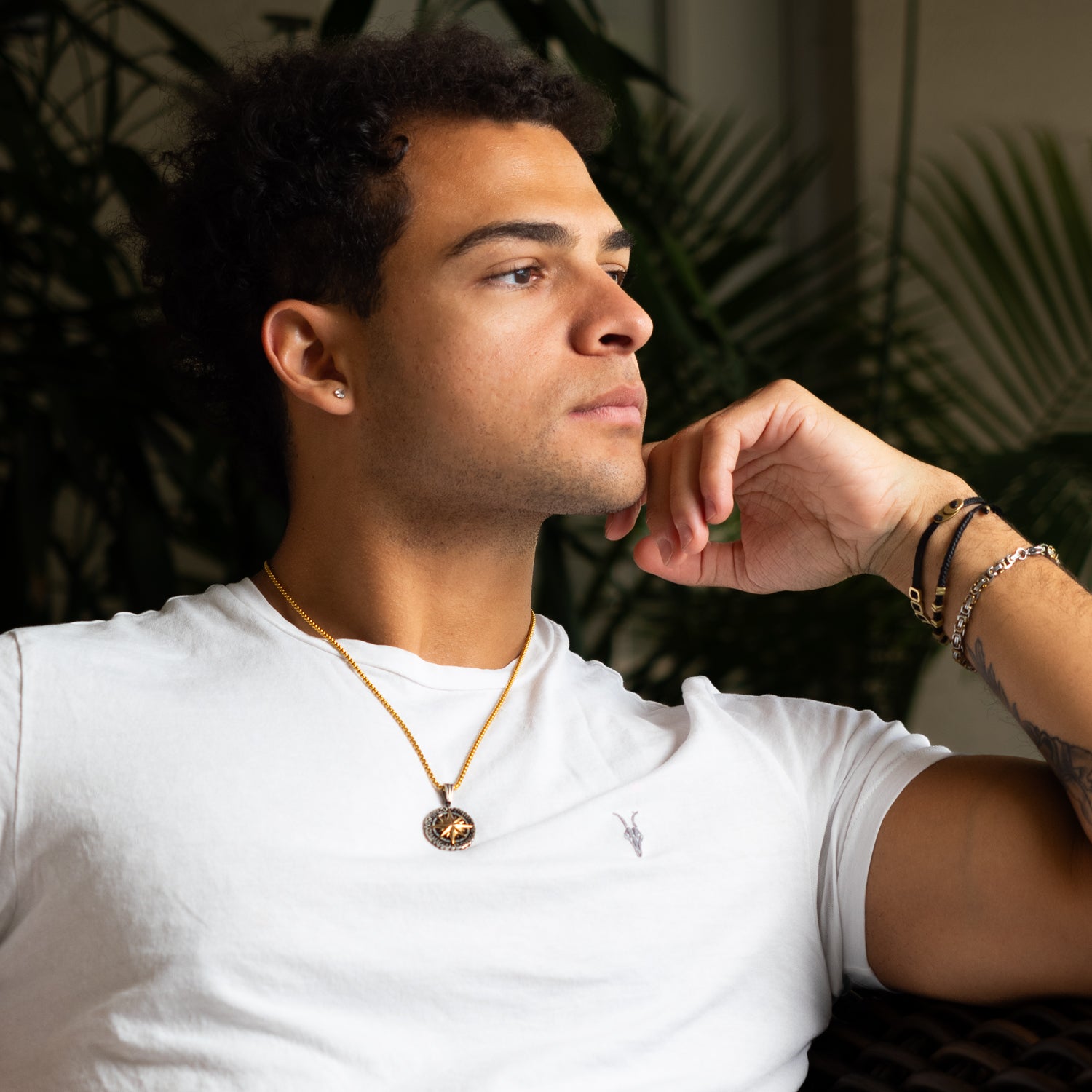 Mens compass necklace styled outdoors, travel inspired jewelry by Ebru Jewelry