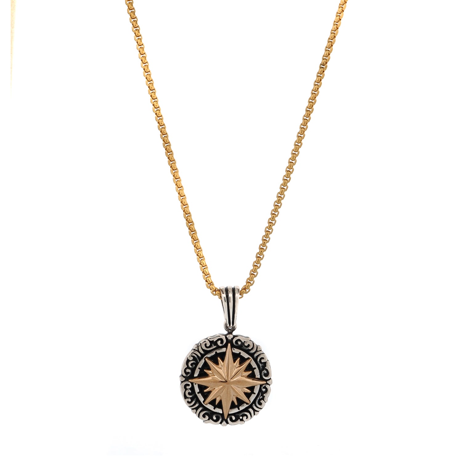 Wanderer compass pendant necklace for men in sterling silver and 18k gold by Ebru Jewelry