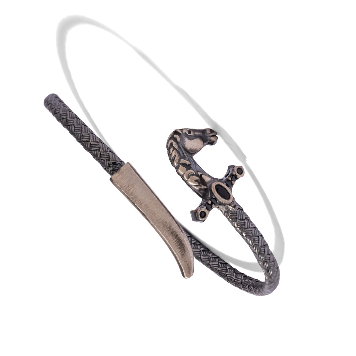 Warrior Horse Saber men's wrap bracelet in oxidized sterling silver, showing the sculpted horse head hilt, black zircon cross guard and brushed blade tip