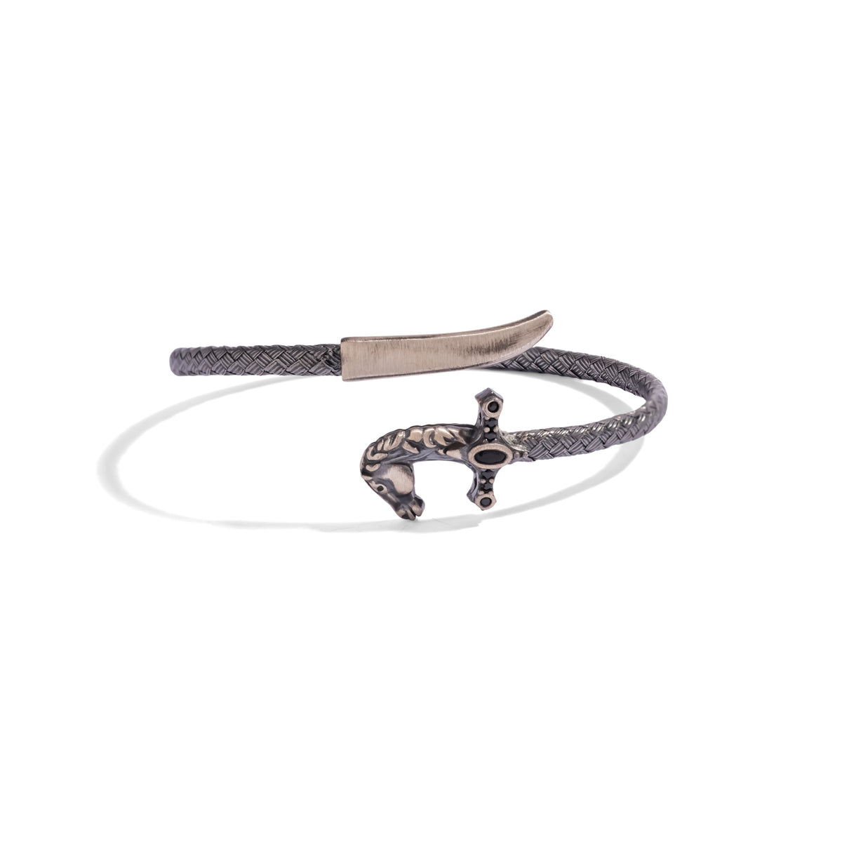 Front view of the men's oxidized sterling silver saber wrap bracelet with its woven band, horse head hilt and black zircon stones
