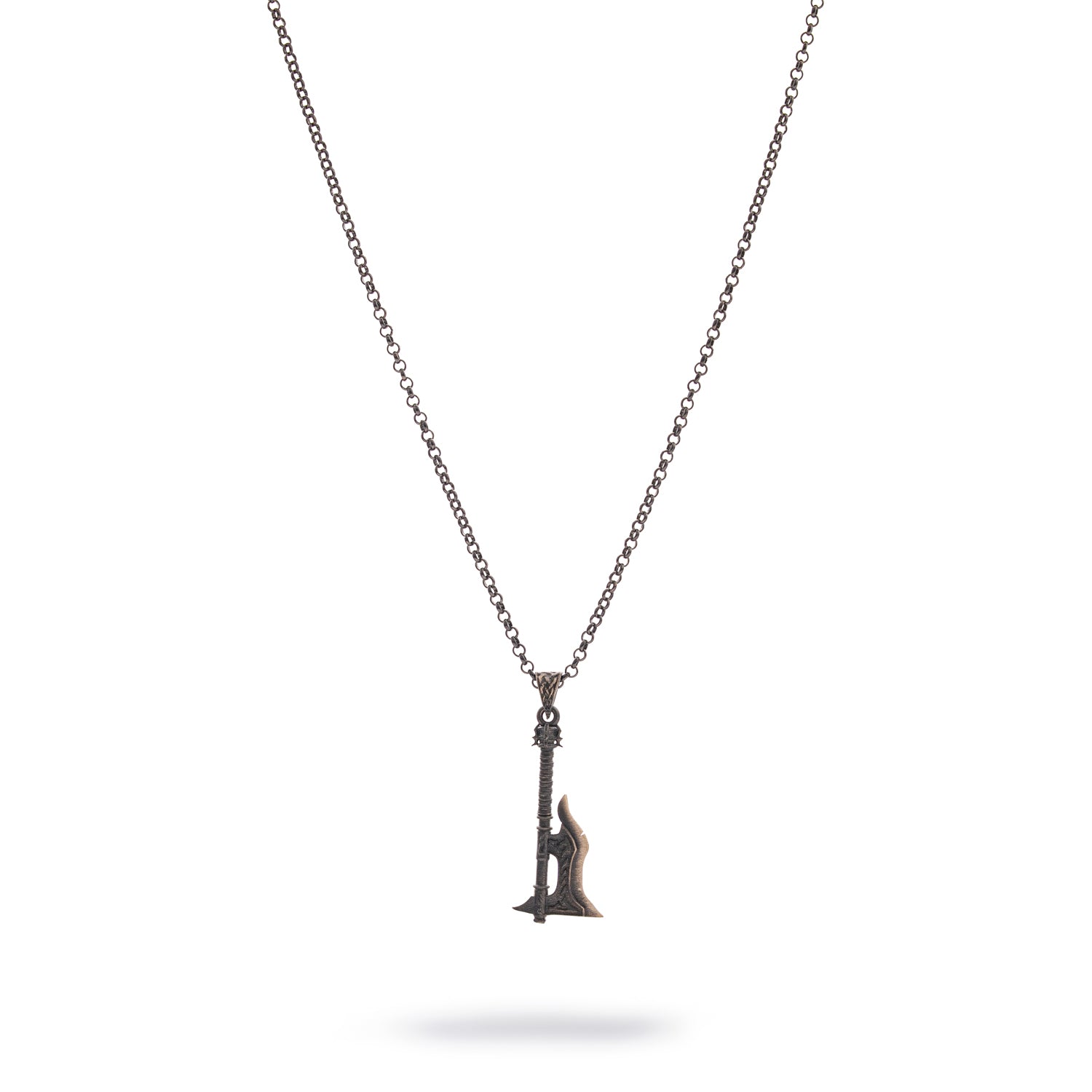 Sterling silver men’s necklace with flame-engraved battle axe pendant, rhodium plated, 24-inch chain, bold warrior jewelry.