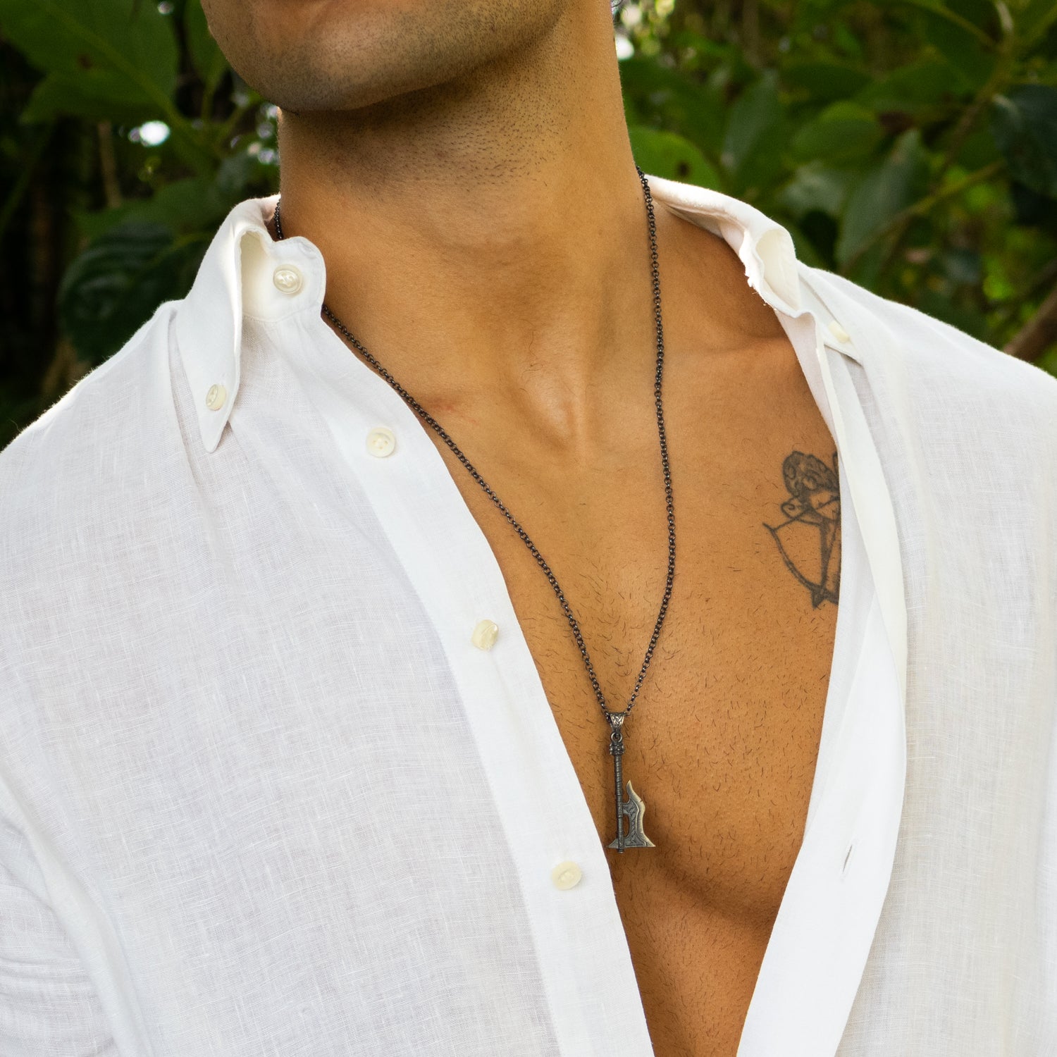 Sterling silver necklace with flame-detailed battle axe pendant, rhodium plated, 24-inch chain, bold men’s warrior jewelry.
