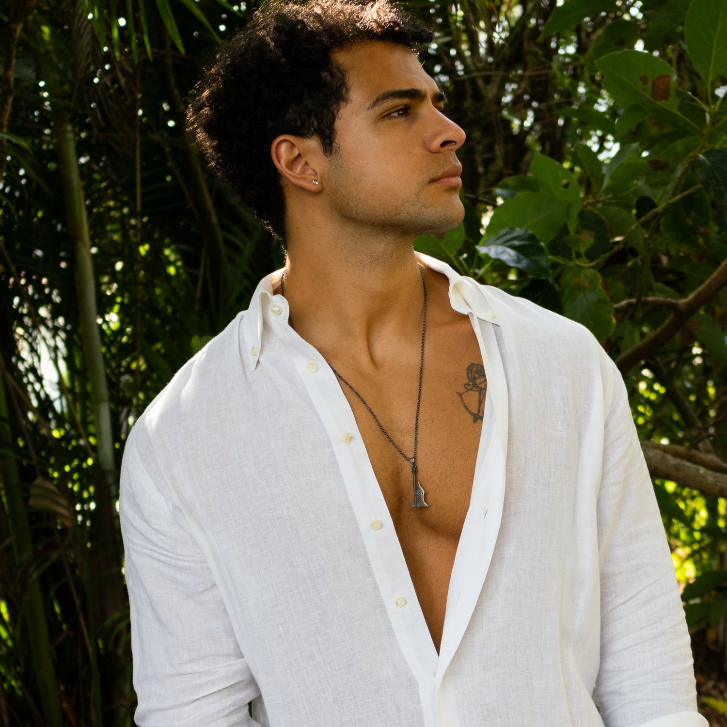 Sterling silver necklace with flame-engraved axe pendant, rhodium plated, 24-inch chain, bold men’s warrior jewelry.