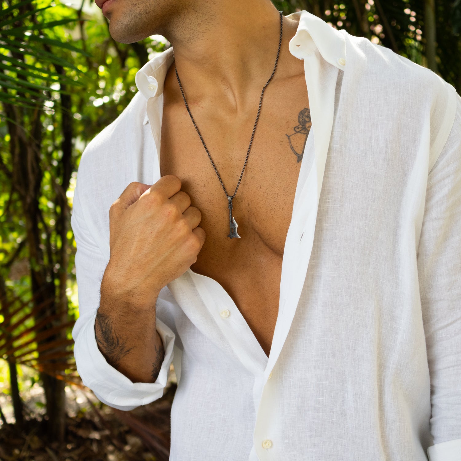 Sterling silver necklace with flame-detailed battle axe pendant, rhodium plated, 24-inch chain, bold men’s warrior jewelry.