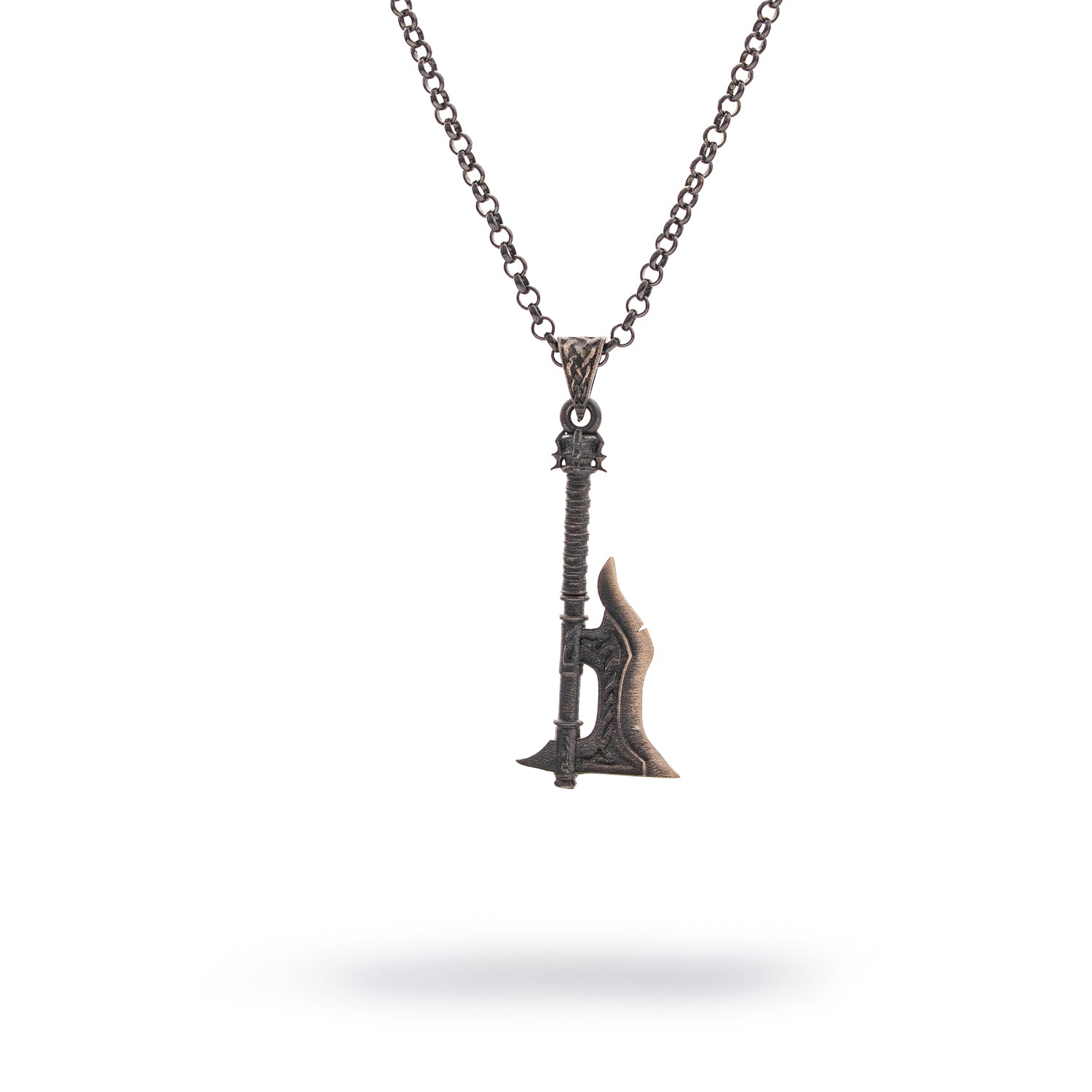 Sterling silver men’s necklace with flame-detailed battle axe pendant, rhodium plating, 24-inch chain, bold symbolic jewelry.