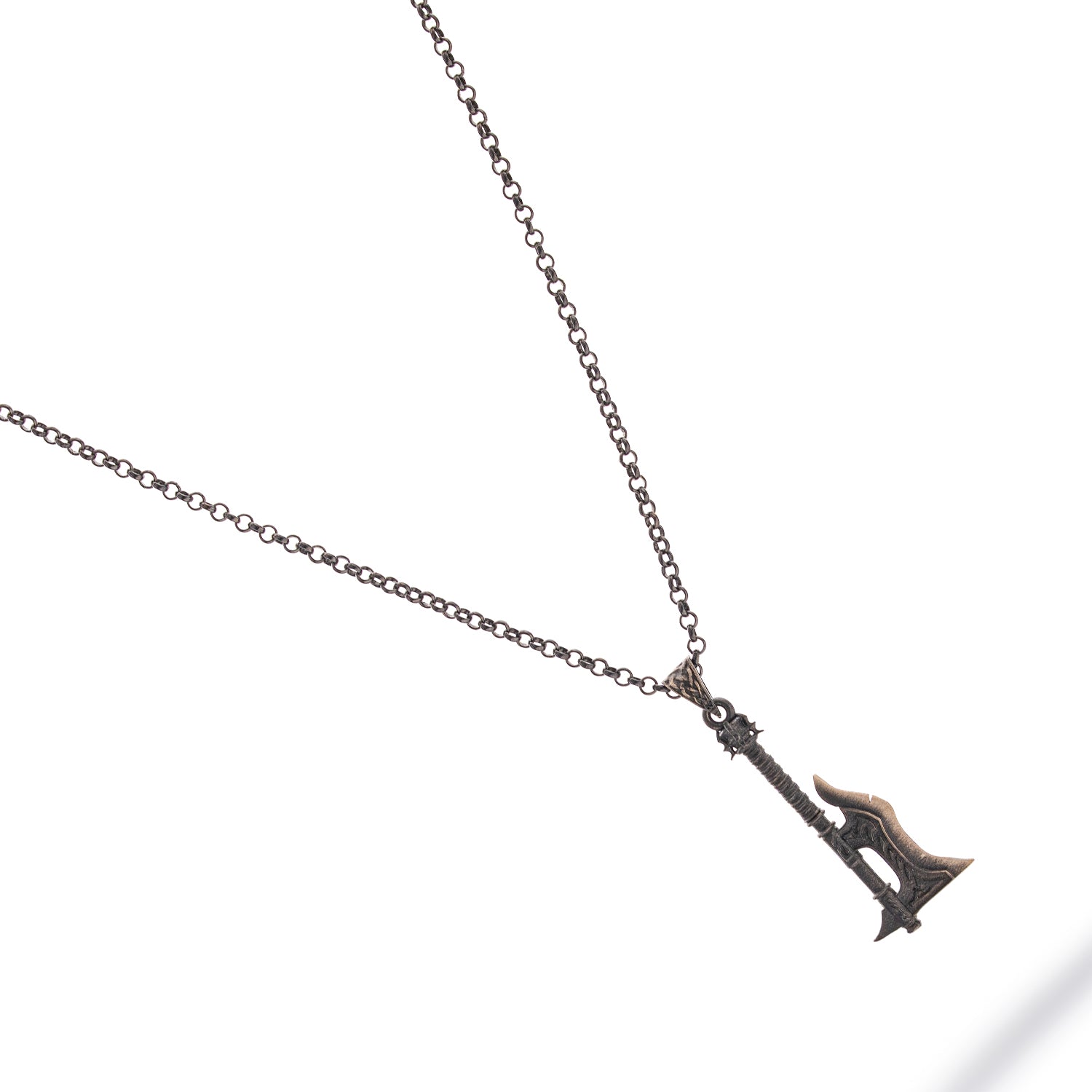 Sterling silver necklace with flame-detailed axe pendant, rhodium plated, 24-inch chain, bold men’s warrior jewelry.