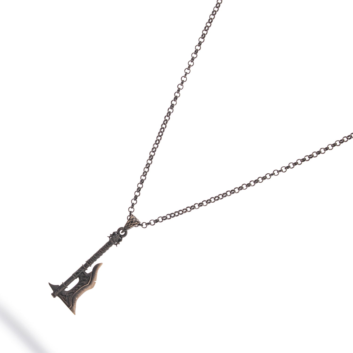 Sterling silver necklace with flame-detailed axe pendant, rhodium plated, 24-inch chain, bold men’s warrior jewelry.