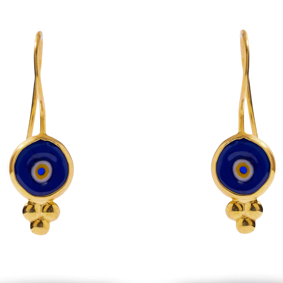 Front view of the Watch Over Me Blue Evil Eye Gold Drop Earrings on their French ear wire hooks