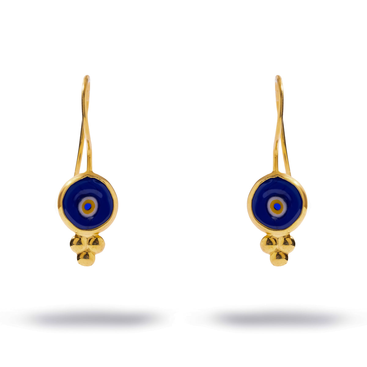 Watch Over Me Blue Evil Eye Gold Drop Earrings, round cobalt glass eyes in gold bezels with three gold beads below