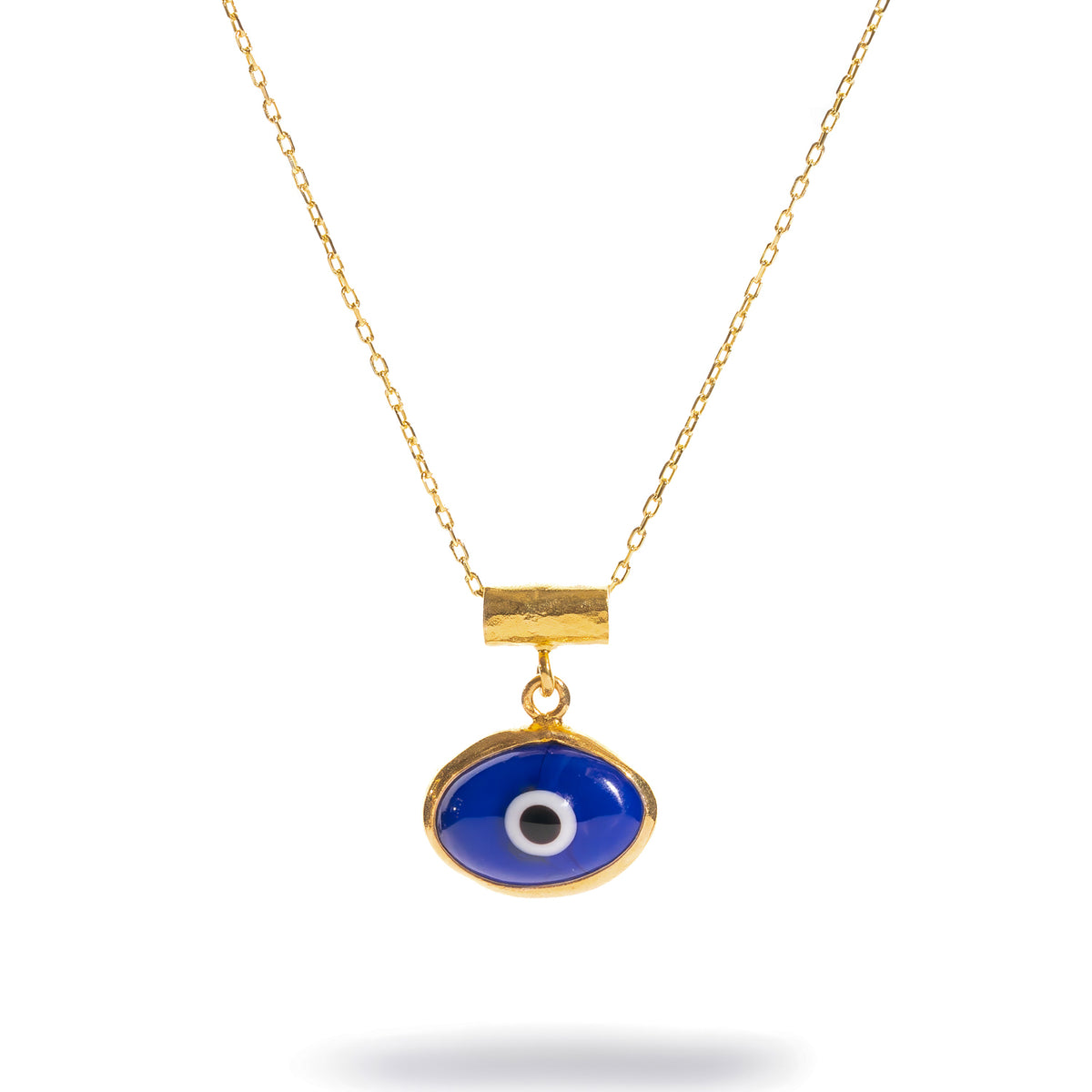 Watch Over Me Blue Evil Eye Gold Necklace, cobalt glass evil eye in a gold bezel below a hammered gold bail