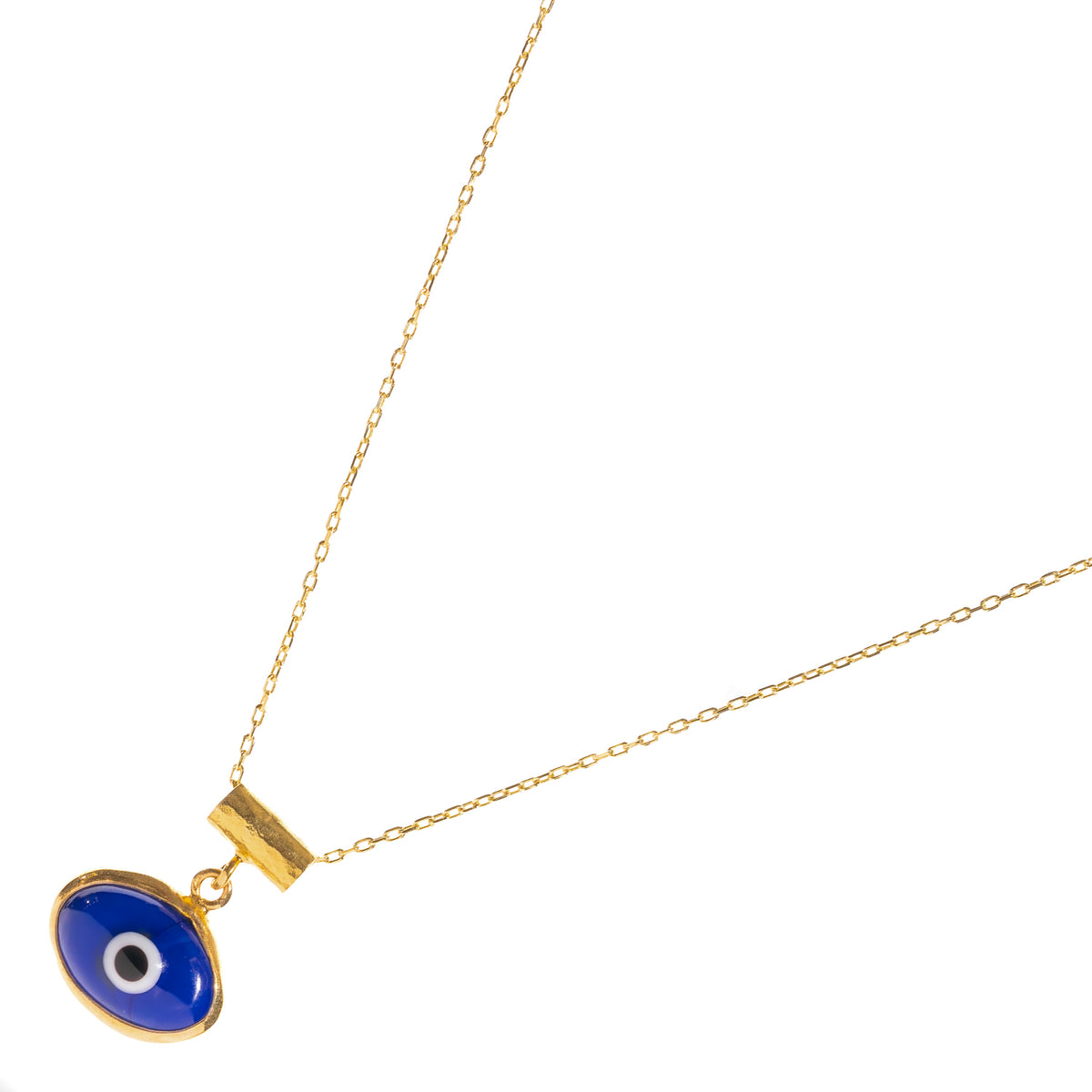 Angled view of the Watch Over Me necklace, the domed blue glass eye hanging from a hammered gold tube