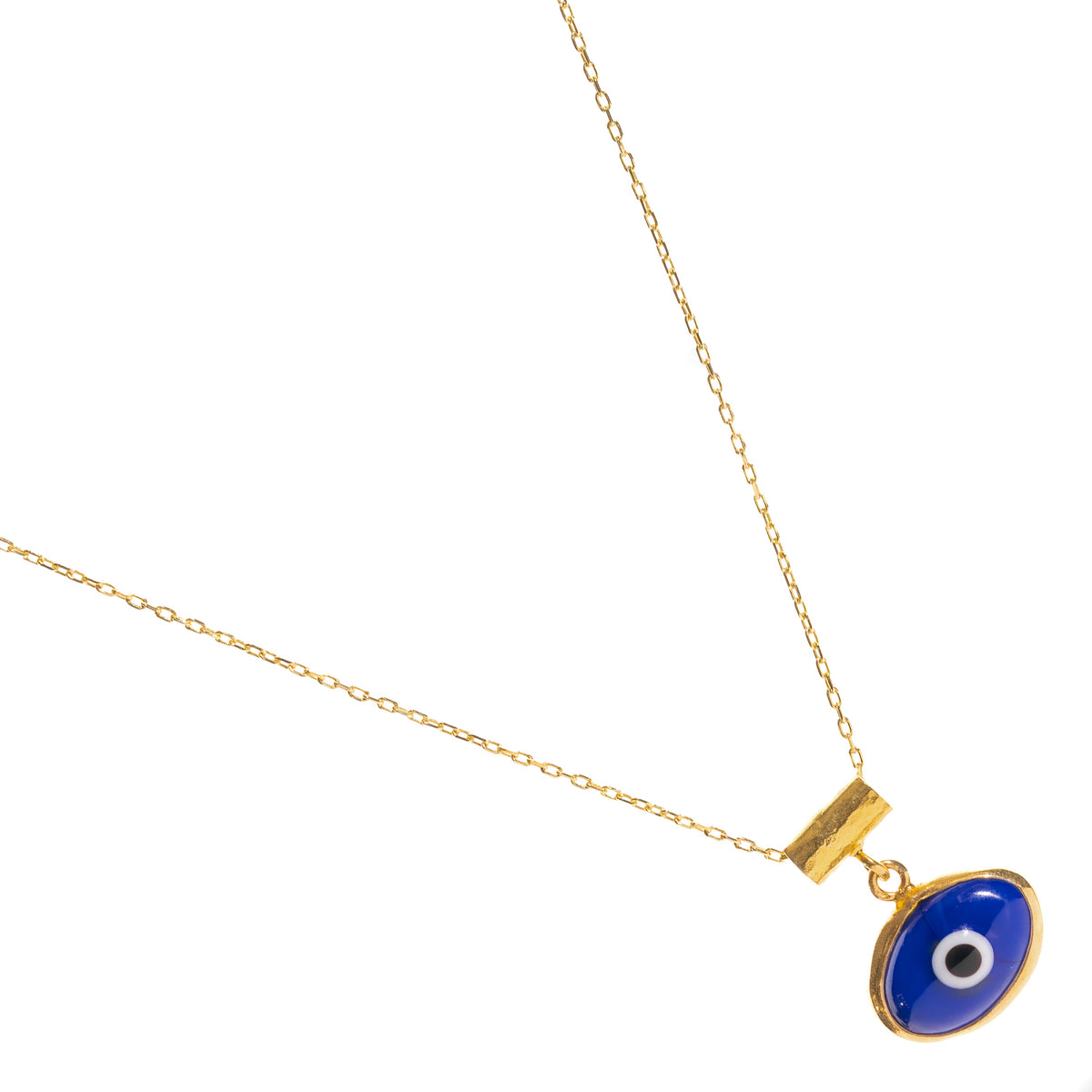 Watch Over Me Blue Evil Eye Gold Necklace laid diagonally on white
