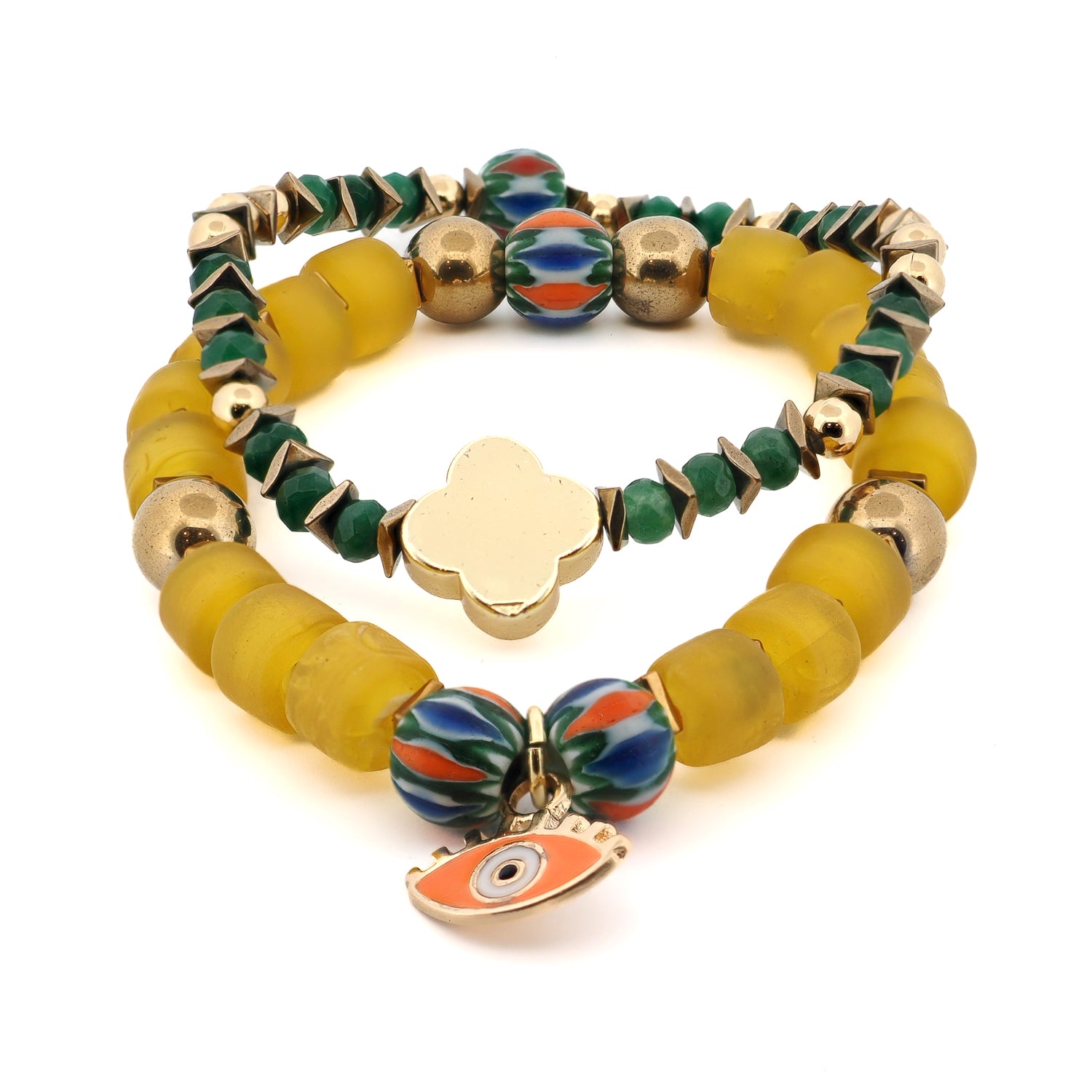 Whispers of the Evil Eye Bracelet Set with African beads and gold-plated evil eye charm.

