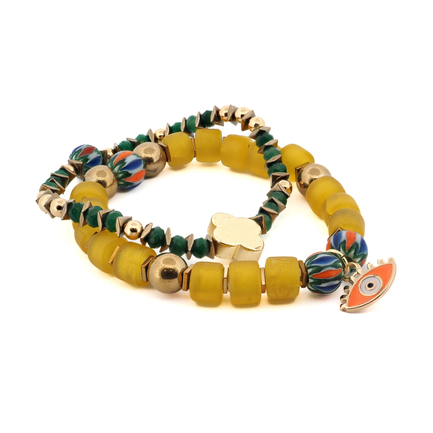 Colorful beaded bracelet set featuring 18K gold-plated evil eye and flower charm.

