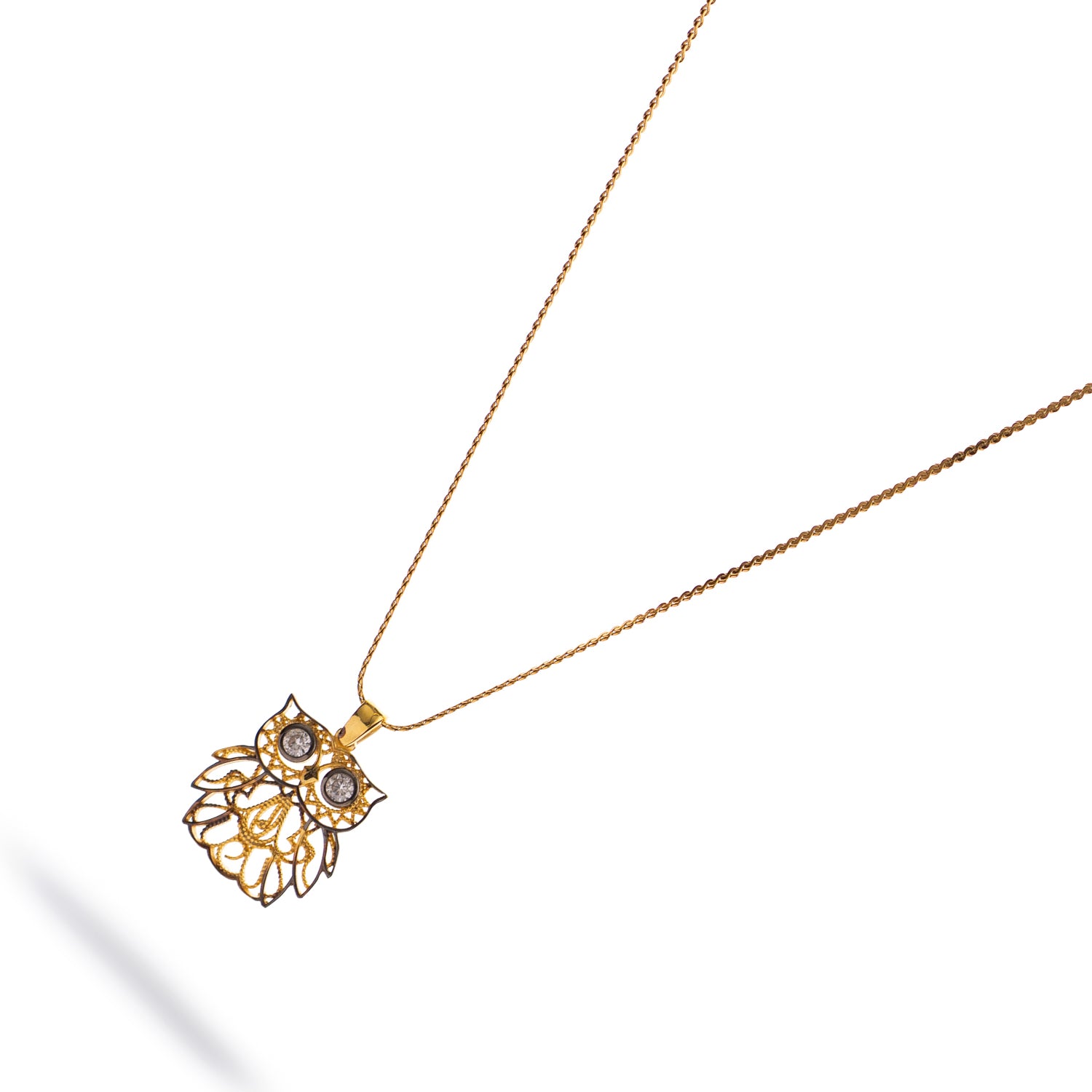 Wisdom Owl Diamond Eyes Gold Necklace