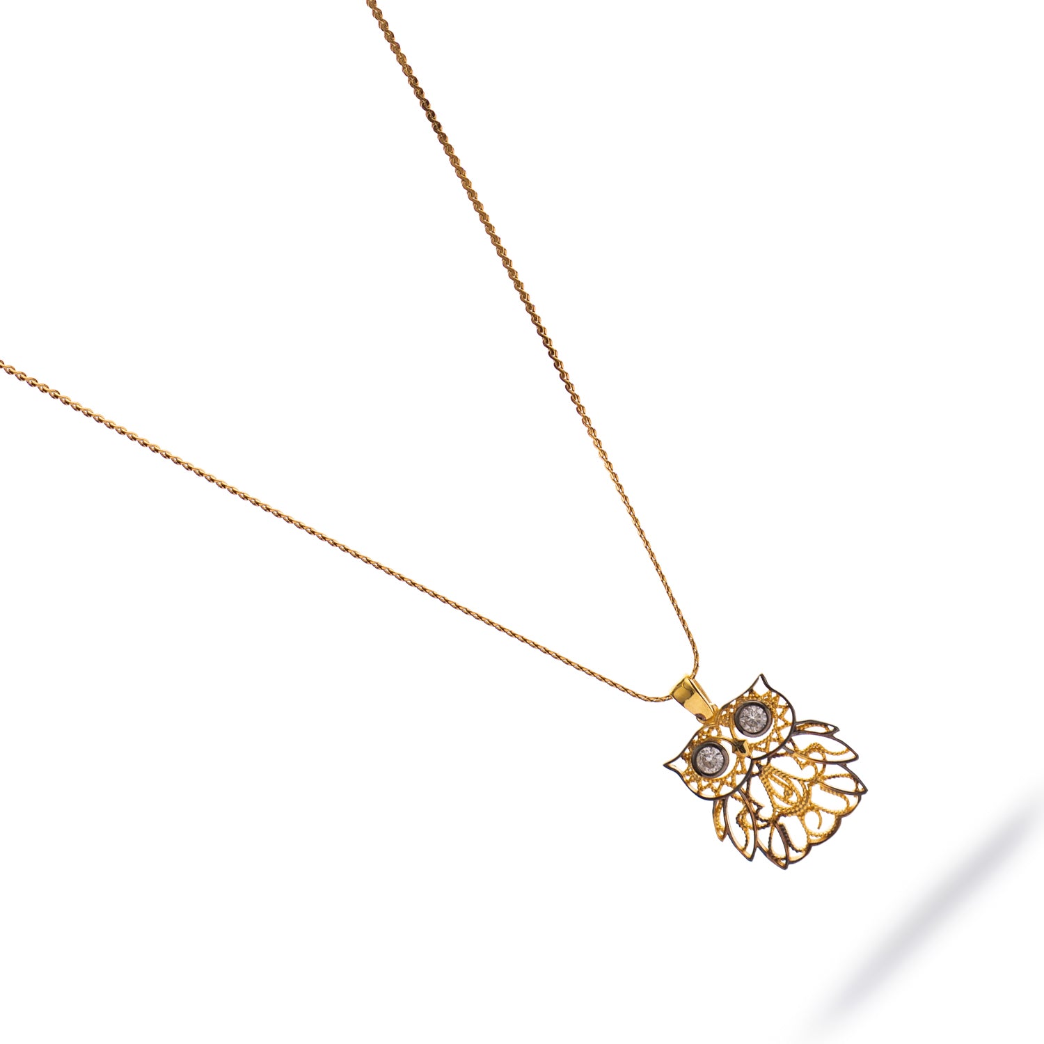 Wisdom Owl Diamond Eyes Gold Necklace