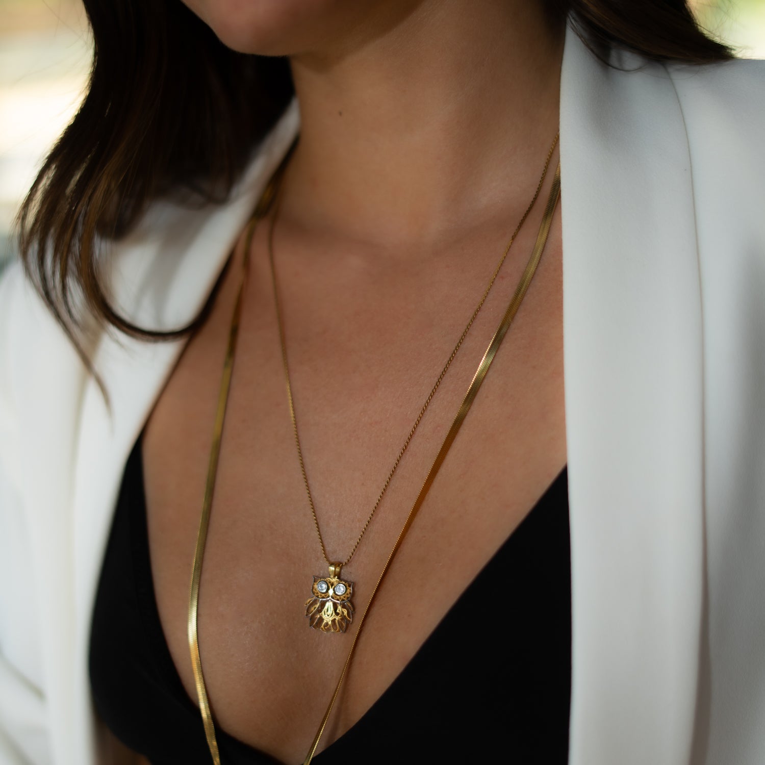 Wisdom Owl Diamond Eyes Gold Necklace