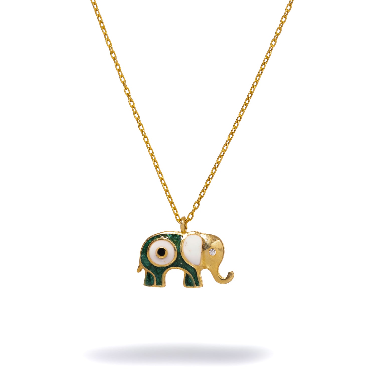 Wishful Elephant &amp; Evil Eye Green Enamel Pendant Gold Chain Necklace