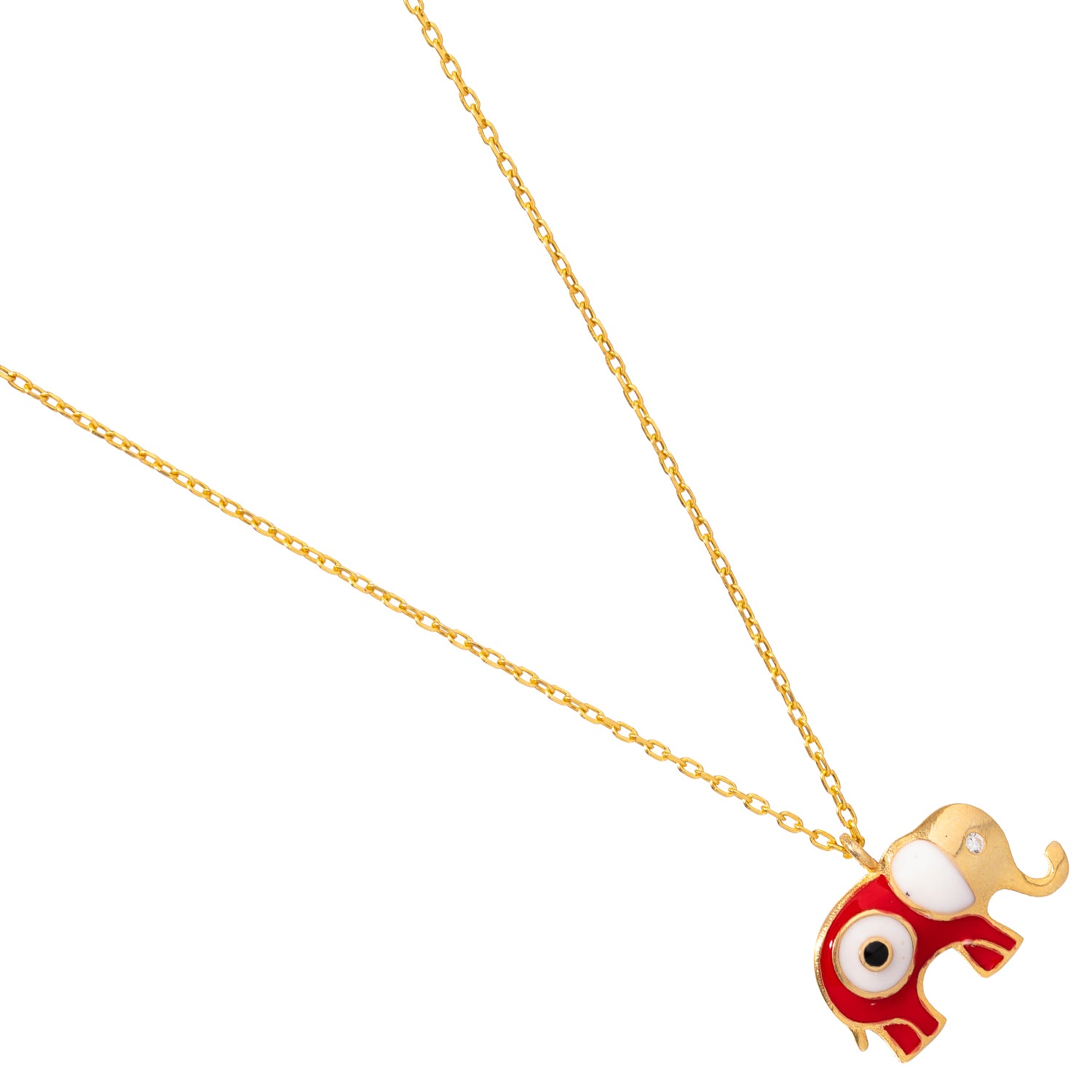 18K Gold Necklace with Red Enamel Elephant Pendant and Evil Eye for Spiritual Protection and Style
