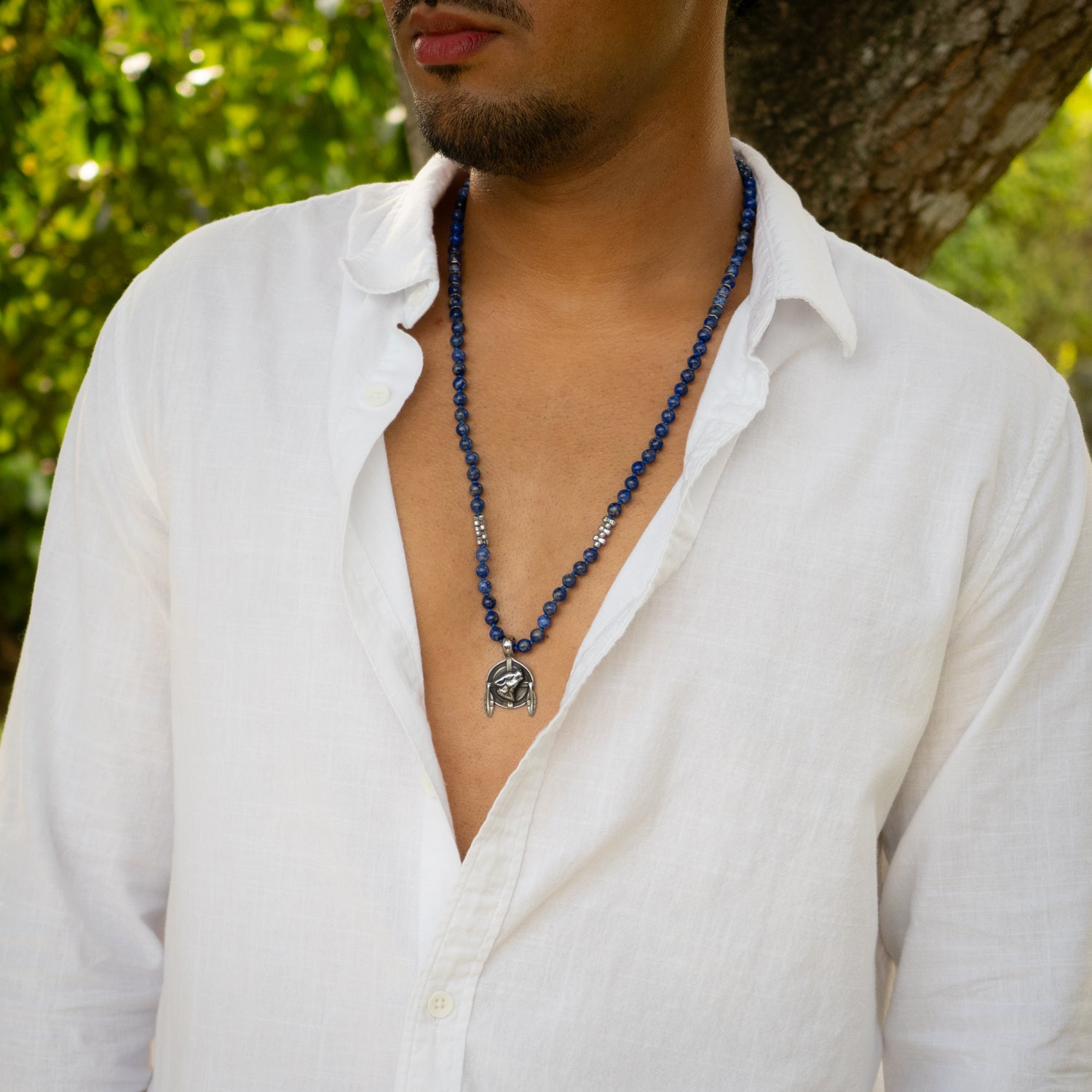 Wolf Pendant Lapis Lazuli Stone Beaded Brave Necklace