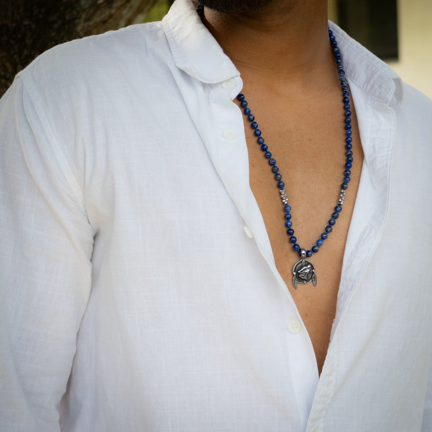 Wolf Pendant Lapis Lazuli Stone Beaded Brave Necklace