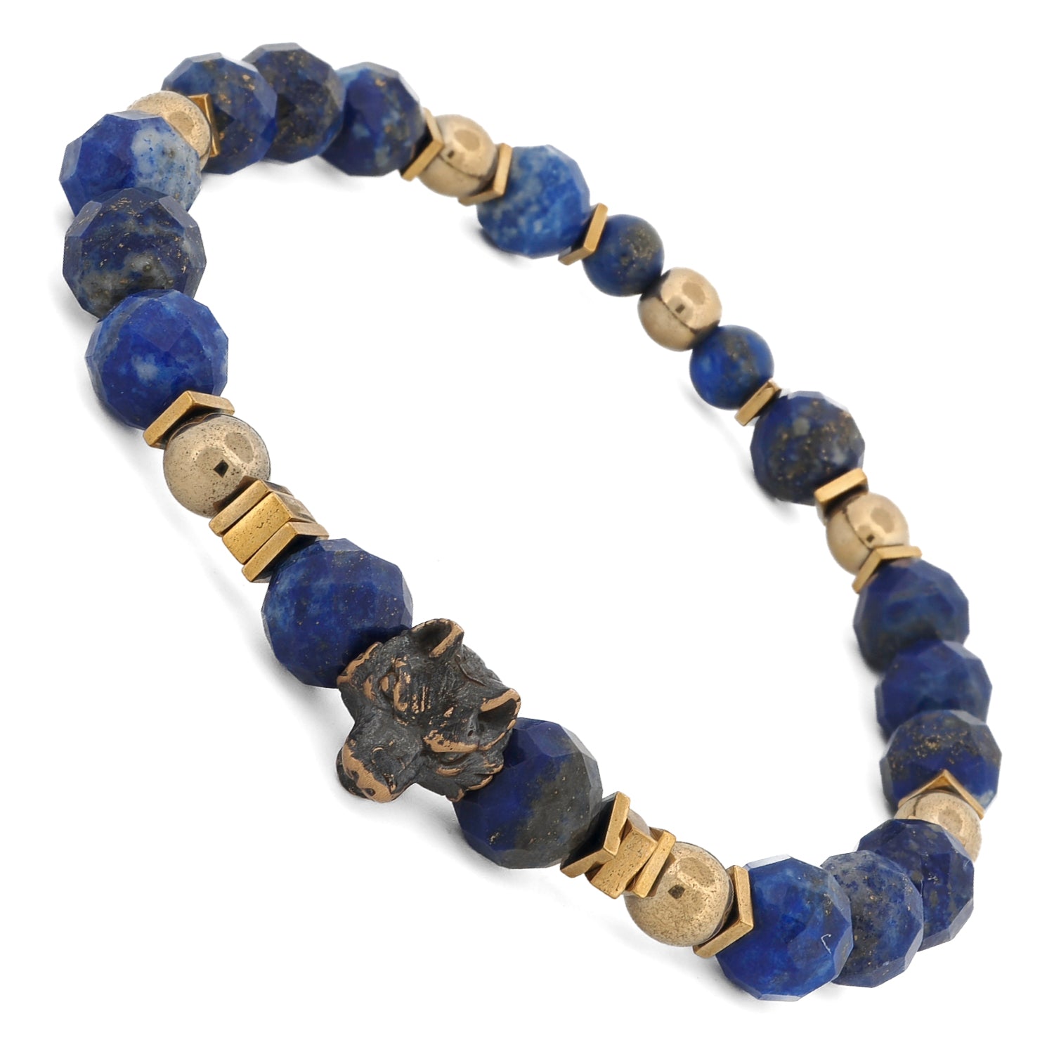 Lapis Lazuli Men Bracelet showing bronze wolf charm with faceted lapis lazuli beads and gold hematite spacers