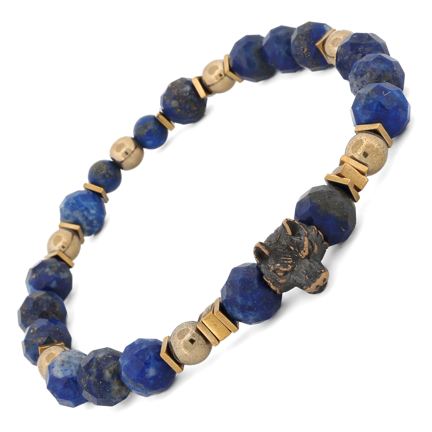 Wolf Soul Lapis Lazuli Men Bracelet displaying wolf charm centered with faceted lapis beads — handmade mens strength jewelry