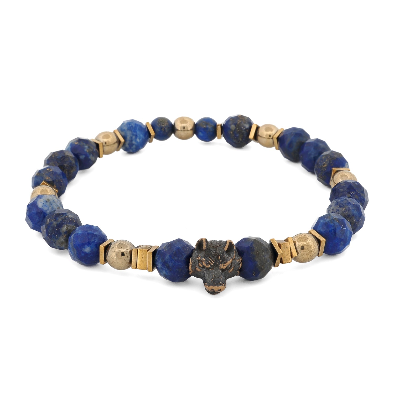 Wolf Soul Lapis Lazuli Men Bracelet with faceted deep blue lapis lazuli beads, gold hematite stone spacers, and bronze wolf charm on stretchy cord