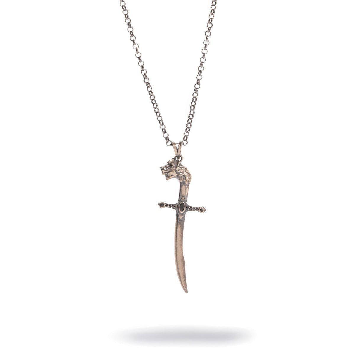 Mens oxidised sterling silver necklace with a curved sword pendant and sculpted wolf head