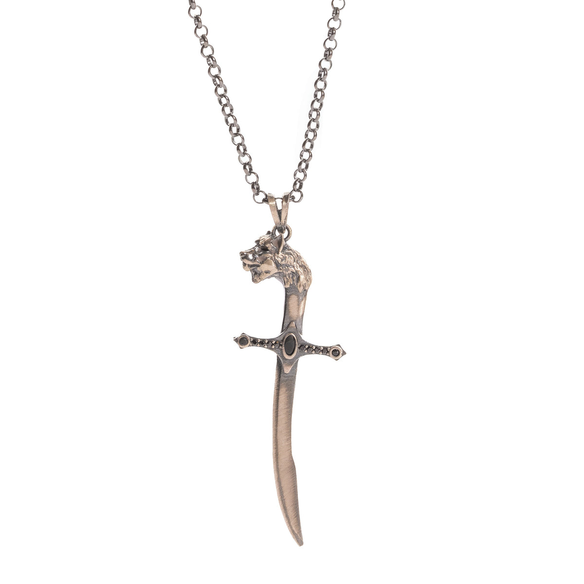 Sculptural sword pendant in oxidised 925 sterling silver with black zircon accents