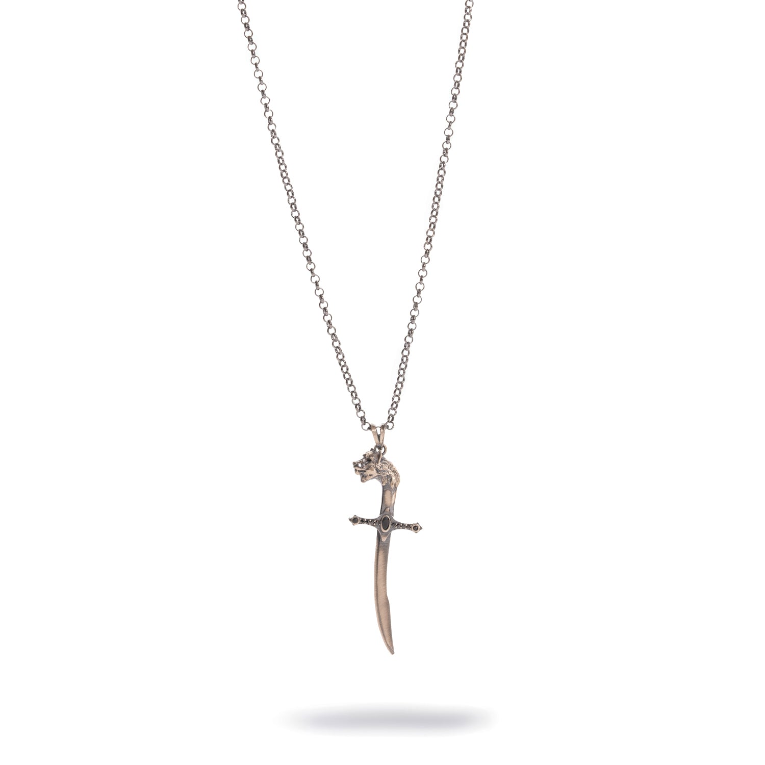 Full length view of the 26 inch sterling silver chain with the wolf sword pendant