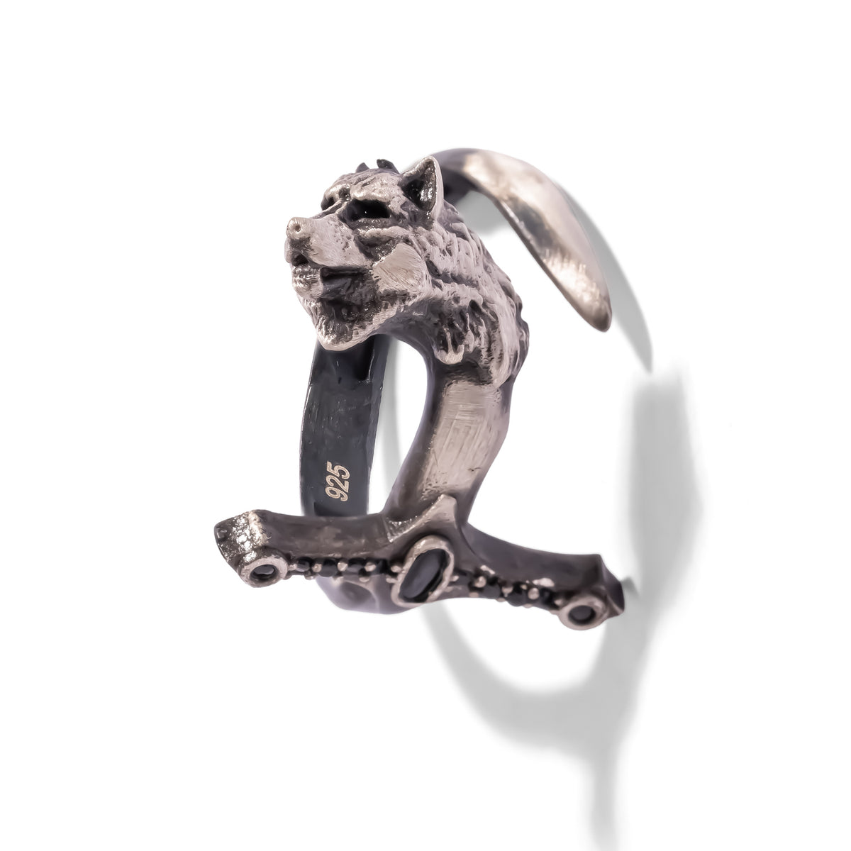 Wolf Sword Black Zircon Oxidized Sterling Silver Men's Ring, front view of the sculpted wolf head above a sword hilt set with black zircon