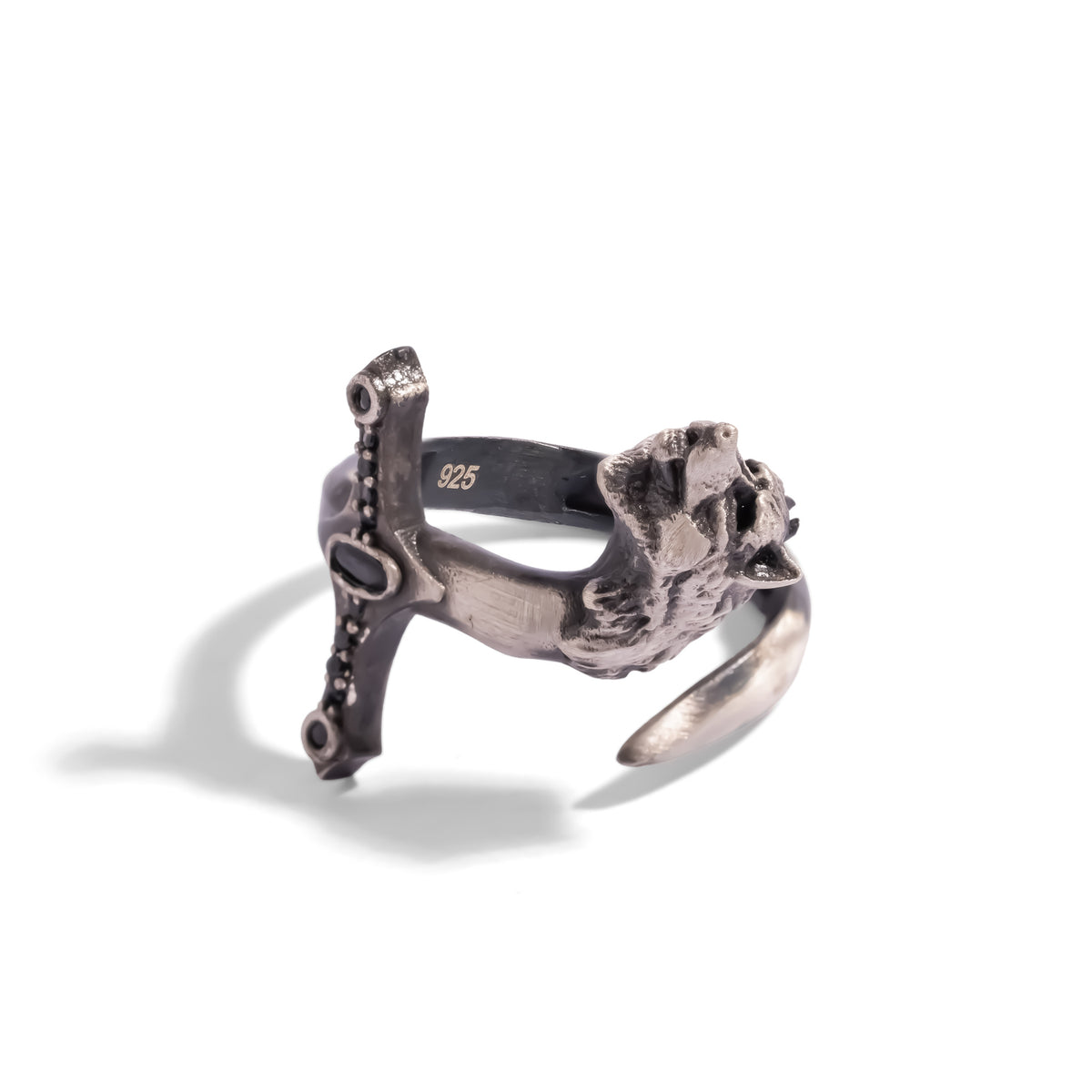 Back view of the adjustable wolf sword ring showing the sword blade, 925 stamp and open band end