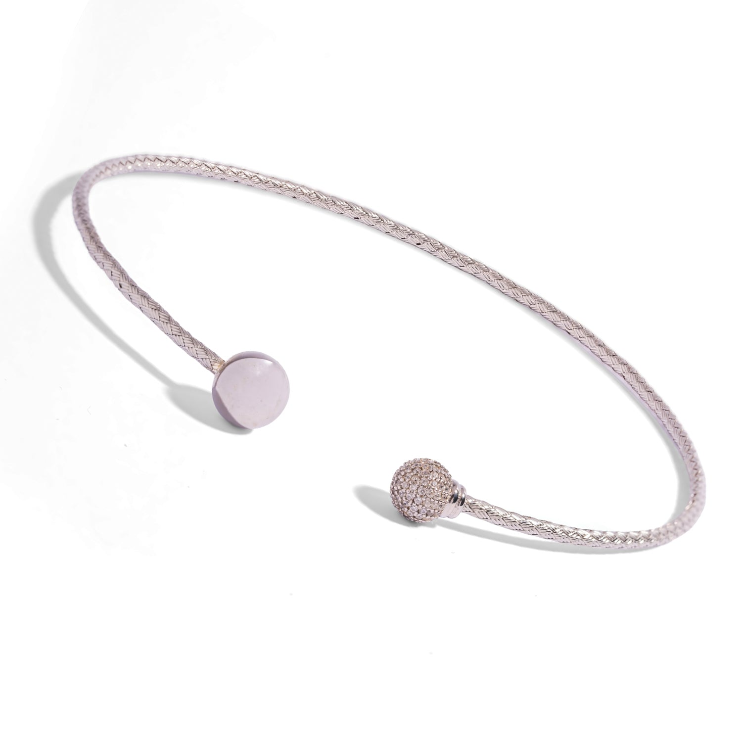 Woven sterling silver pave sphere choker necklace shown open on a white background