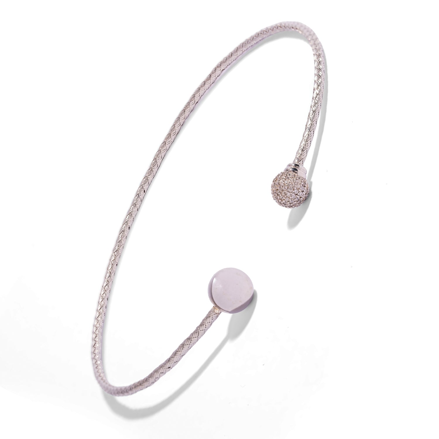 Sterling silver woven collar necklace finished with a pave zircon sphere and a polished silver sphere