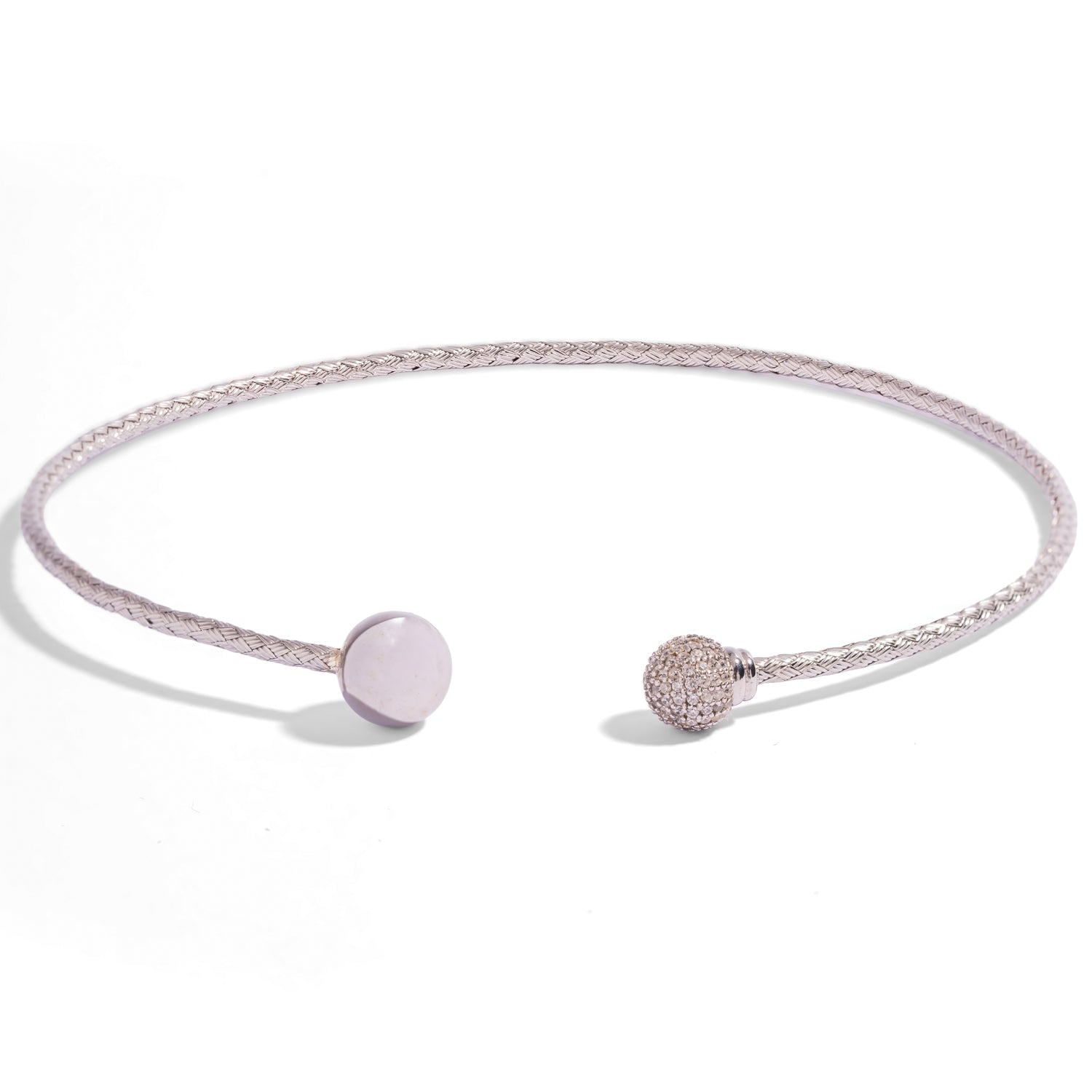 Handmade 925 sterling silver woven choker necklace with sphere ends, angled view