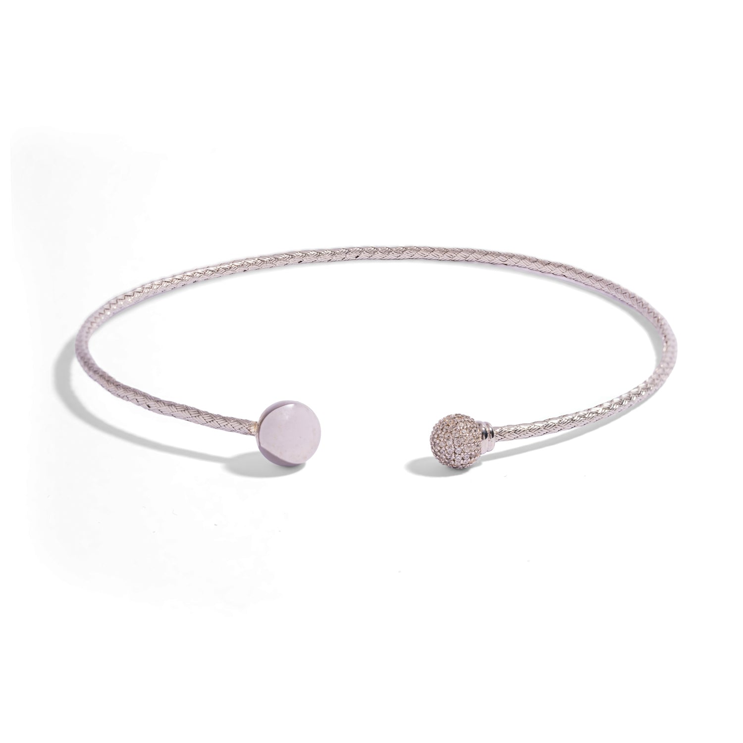 Open woven sterling silver collar necklace with polished and pave zircon sphere ends