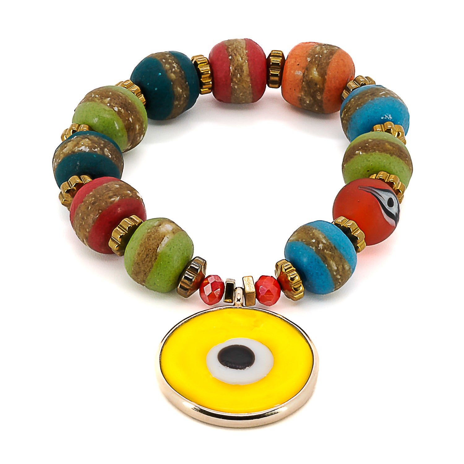 Discover the cheerful and bold design of the Yellow Evil Eye Carpe Diem Bracelet, featuring colorful ceramic beads and an 18K gold-plated yellow glass evil eye charm.