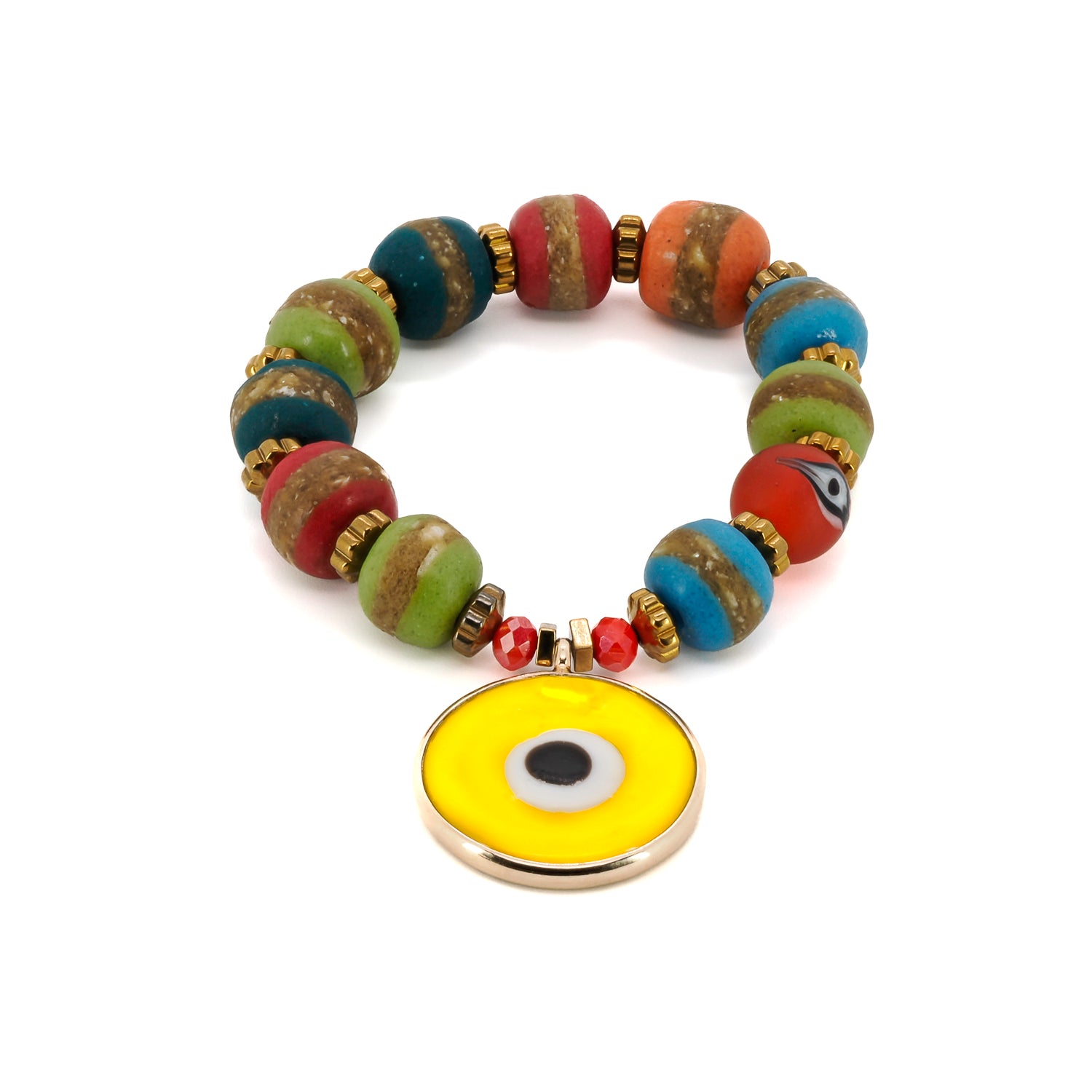 The Yellow Evil Eye Carpe Diem Bracelet, a vibrant and eye-catching handmade accessory that radiates positivity and style
