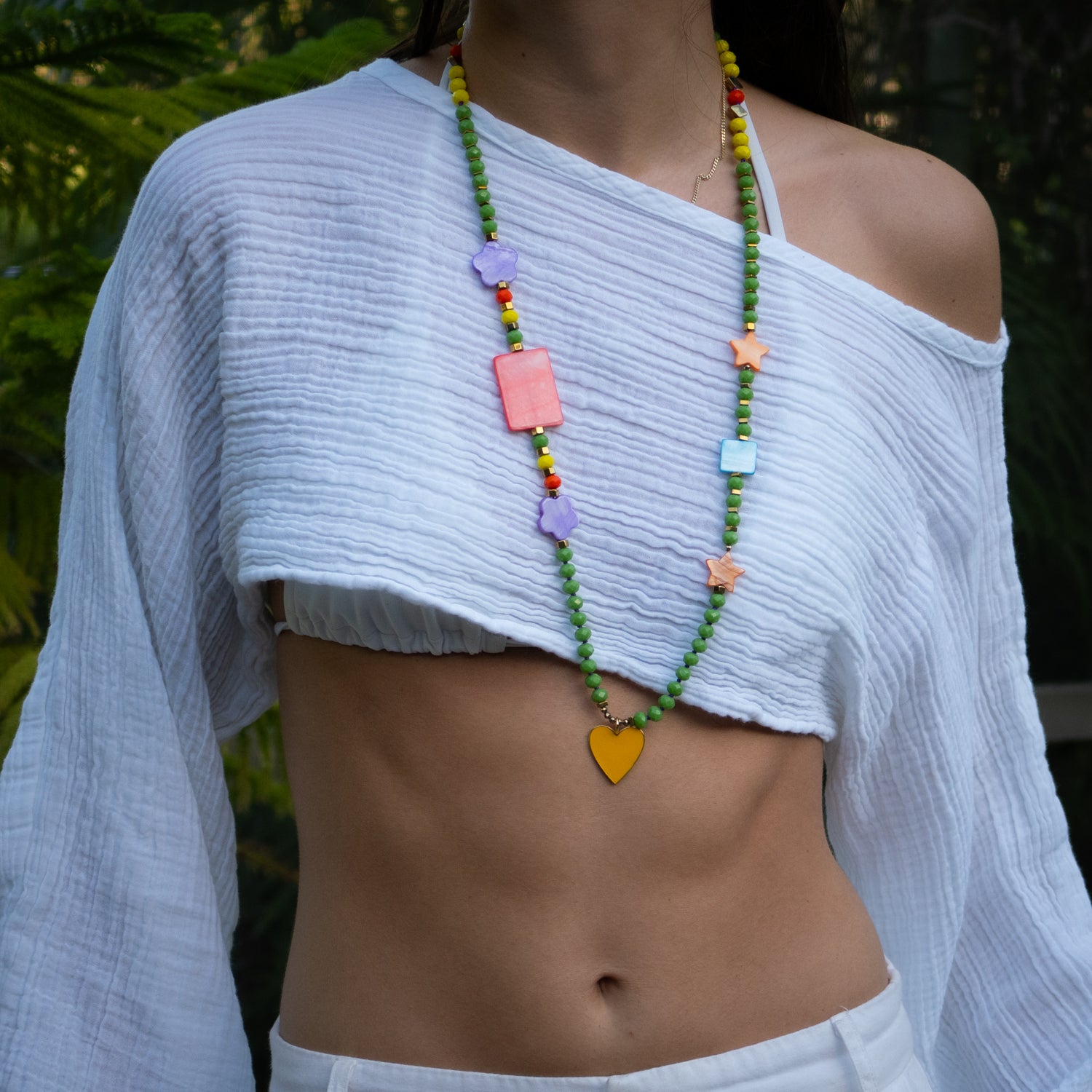 Handmade Summer Necklace with Green and Yellow Beads, Gold Hematite, and Colorful Pearl Beads