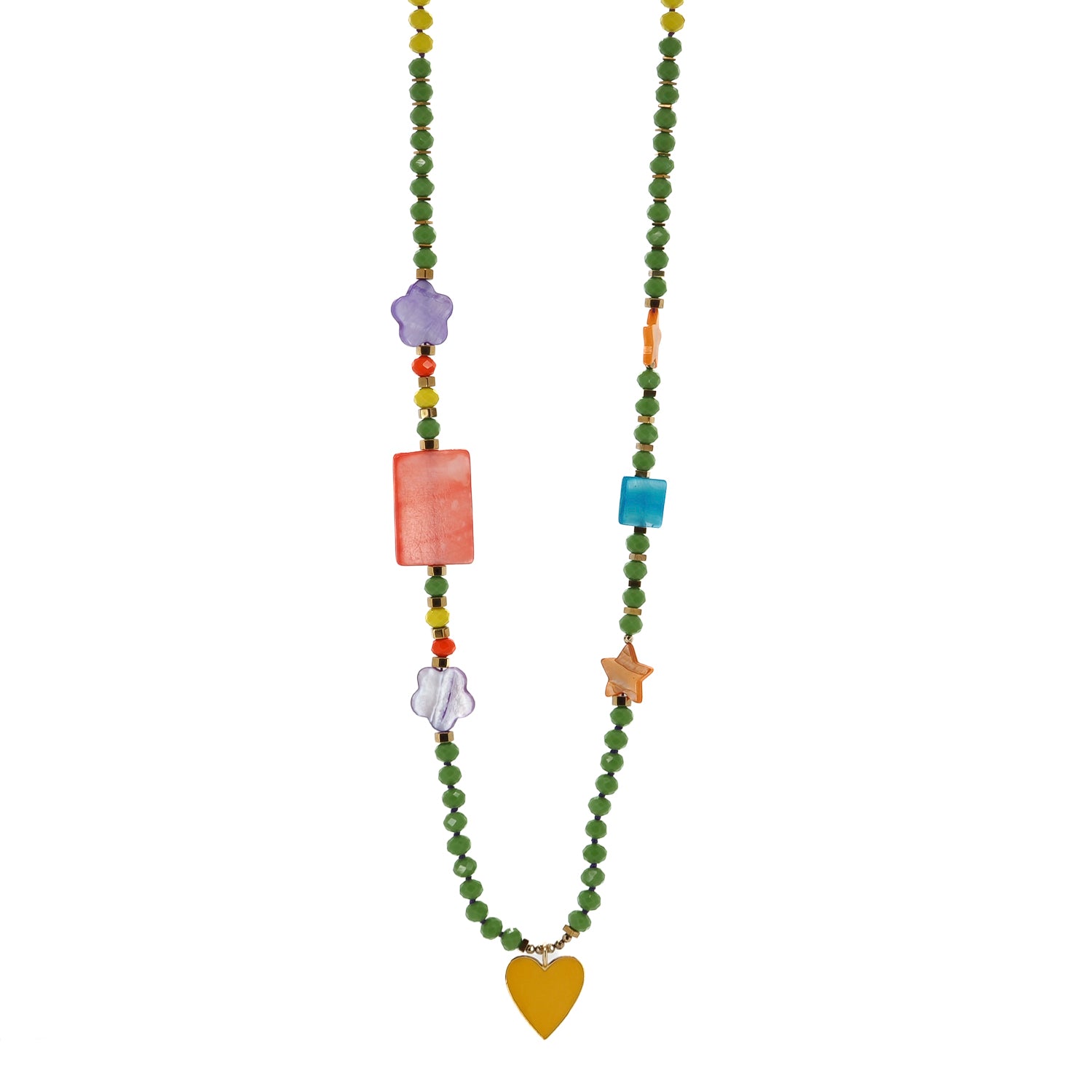 Playful Yellow Heart Pendant Necklace with Colorful Crystal Beads and Gold Hematite Spacers
