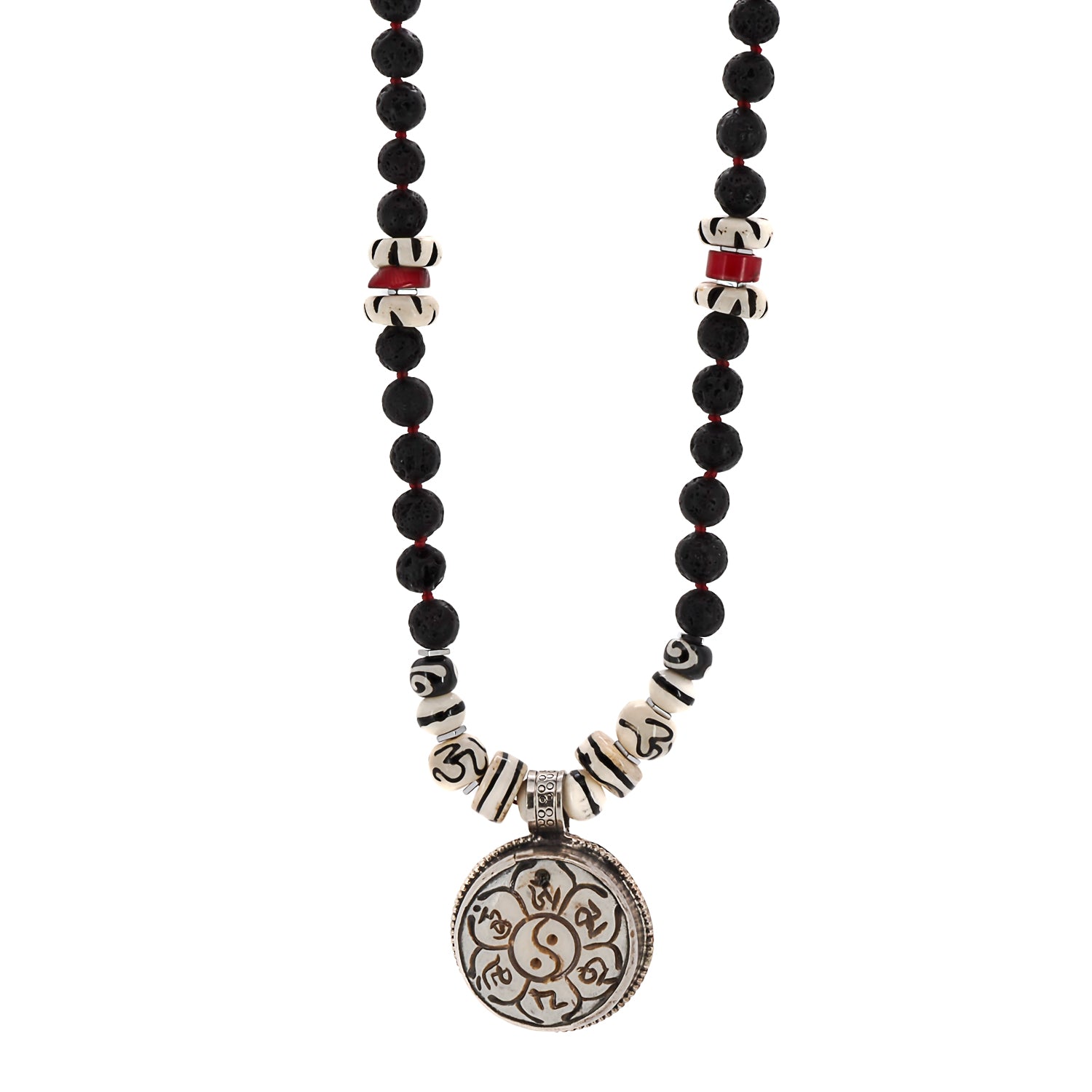 Yin Yang Balance Necklace, handmade with black lava rock and Nepal bone beads, featuring a striking Yin Yang pendant.