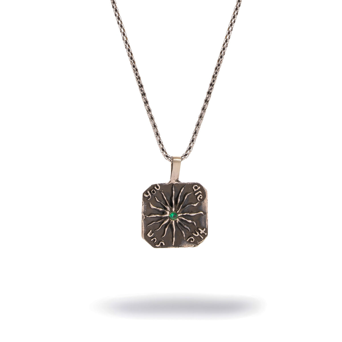 You Are The Sun Emerald Engraved Unisex Sterling Silver Pendant Necklace, oxidized square pendant with a rayed sun and green emerald