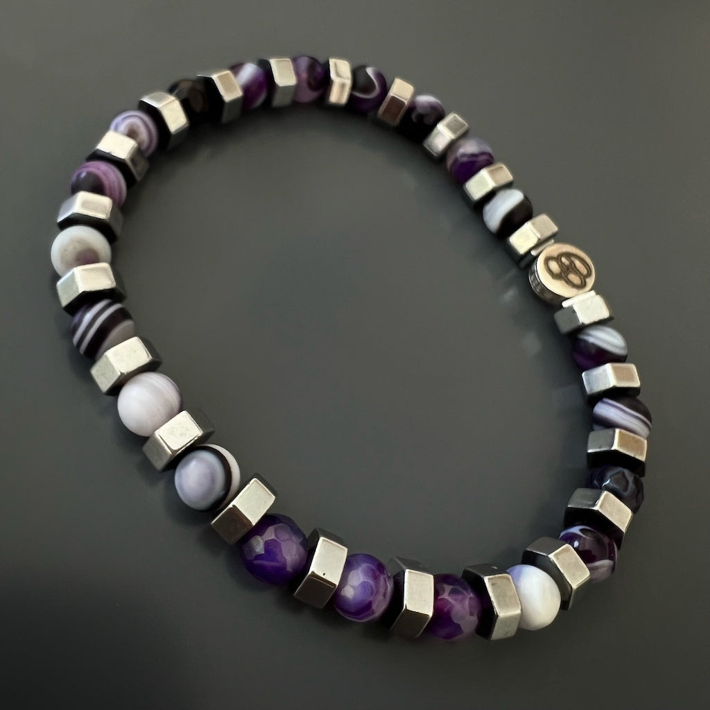 Purple Agate and Silver Hematite Beaded Bracelet with 925 Sterling Silver Ebru Jewelry logo bead
