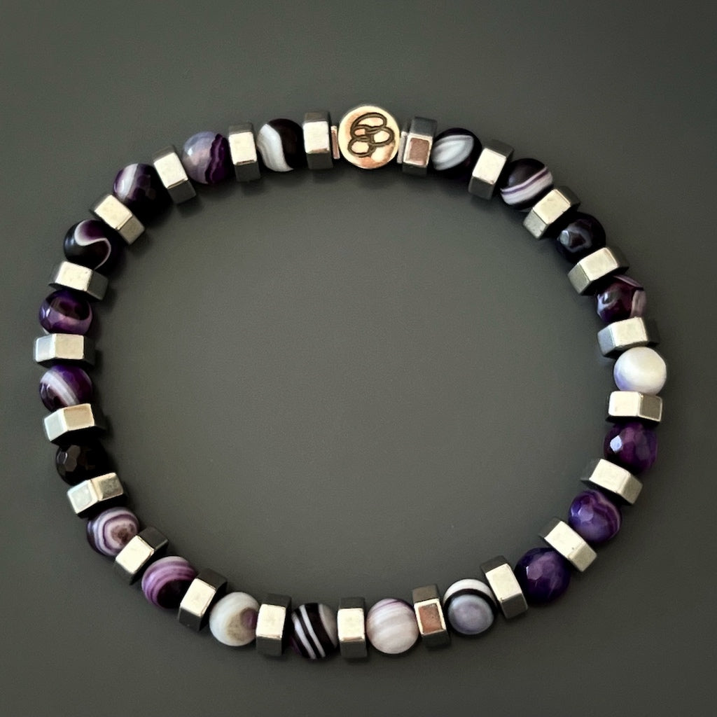 Agate Aura Bracelet - A one-of-a-kind handmade bracelet with purple agate stone beads and silver color nugget hematite beads