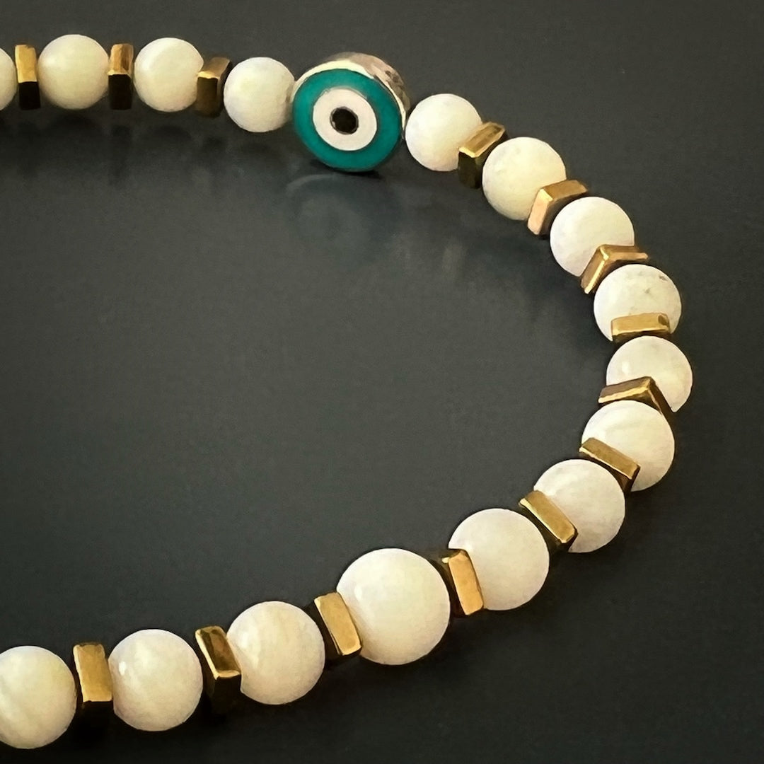 Agate Evil Eye Anklet; white agate beads and gold hematite spacers with turquoise and blue sterling silver evil eye bead