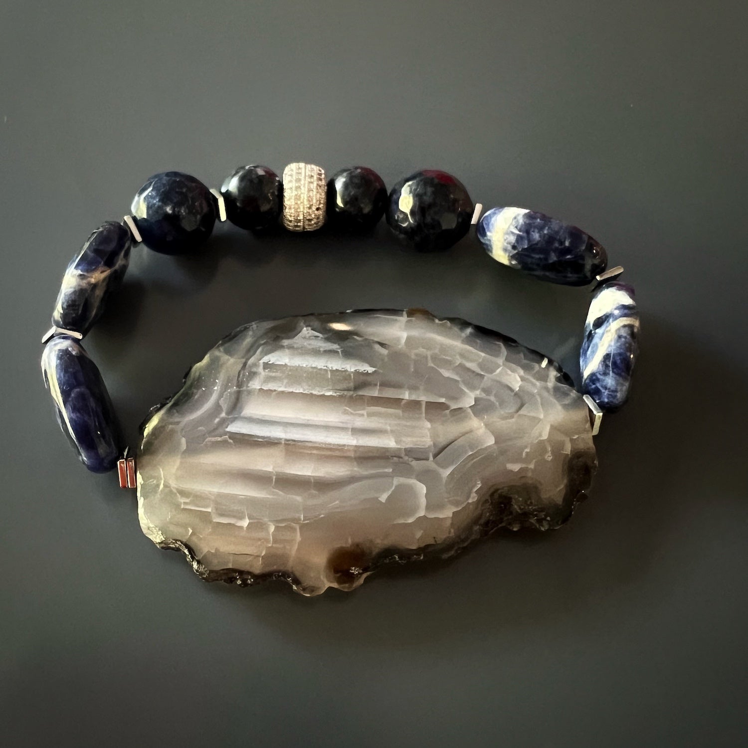 Agate Spiritual Balance Bracelet with blue and white sodalite stones, Swarovski crystals, and chunky agate stones, handmade for unique style and emotional balance.