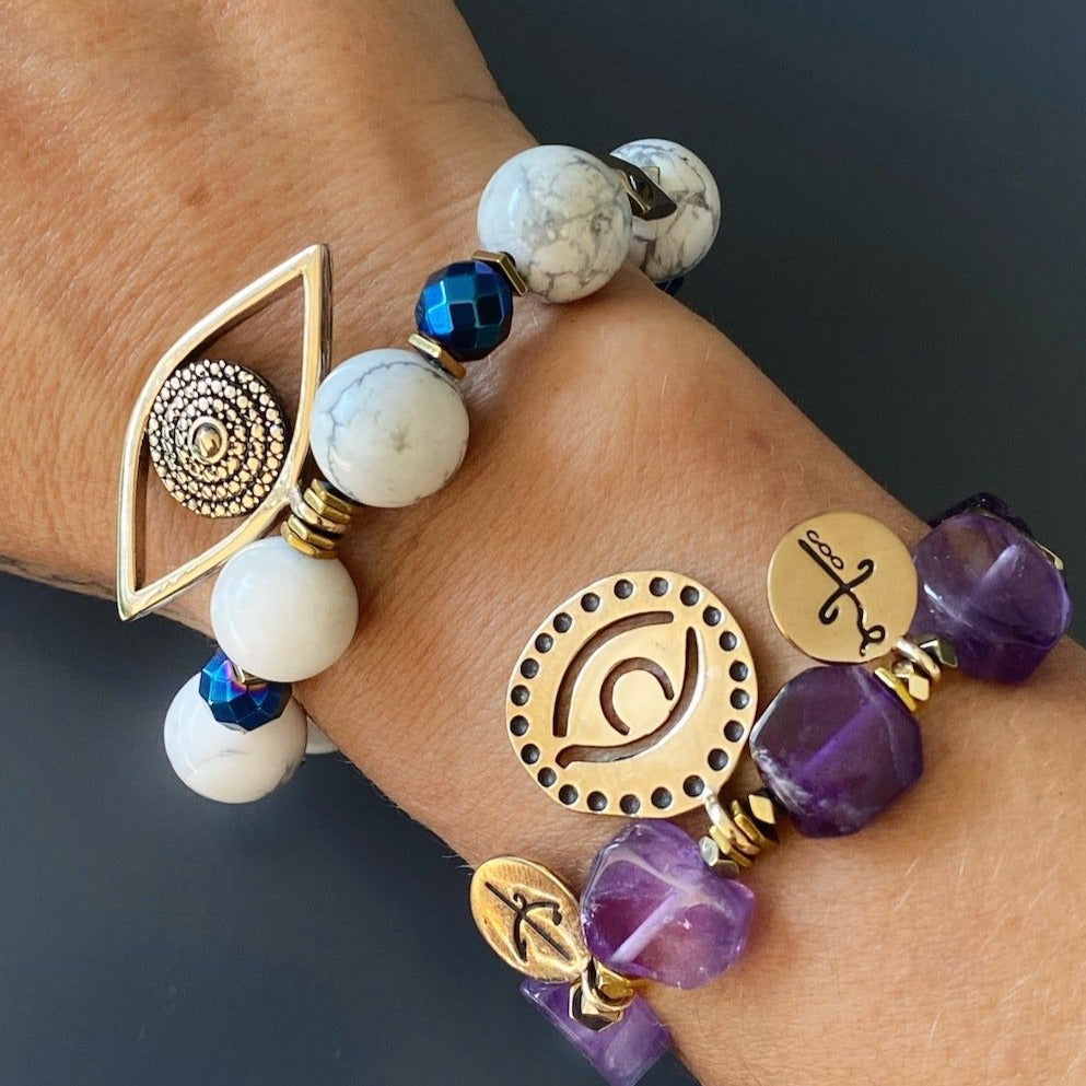 A Model Wearing Gold and Blue Hematite Bracelet for Grounding and Relaxation